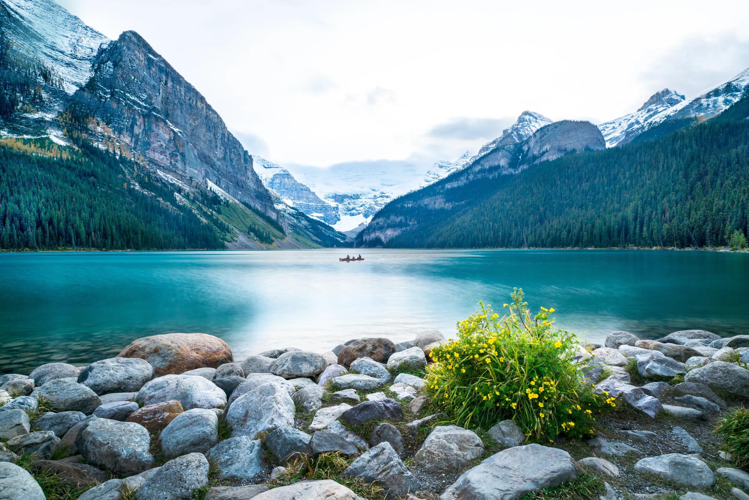Long exposure photography of A canoe in Lake Louise, Banff National park, ALberta, Canada