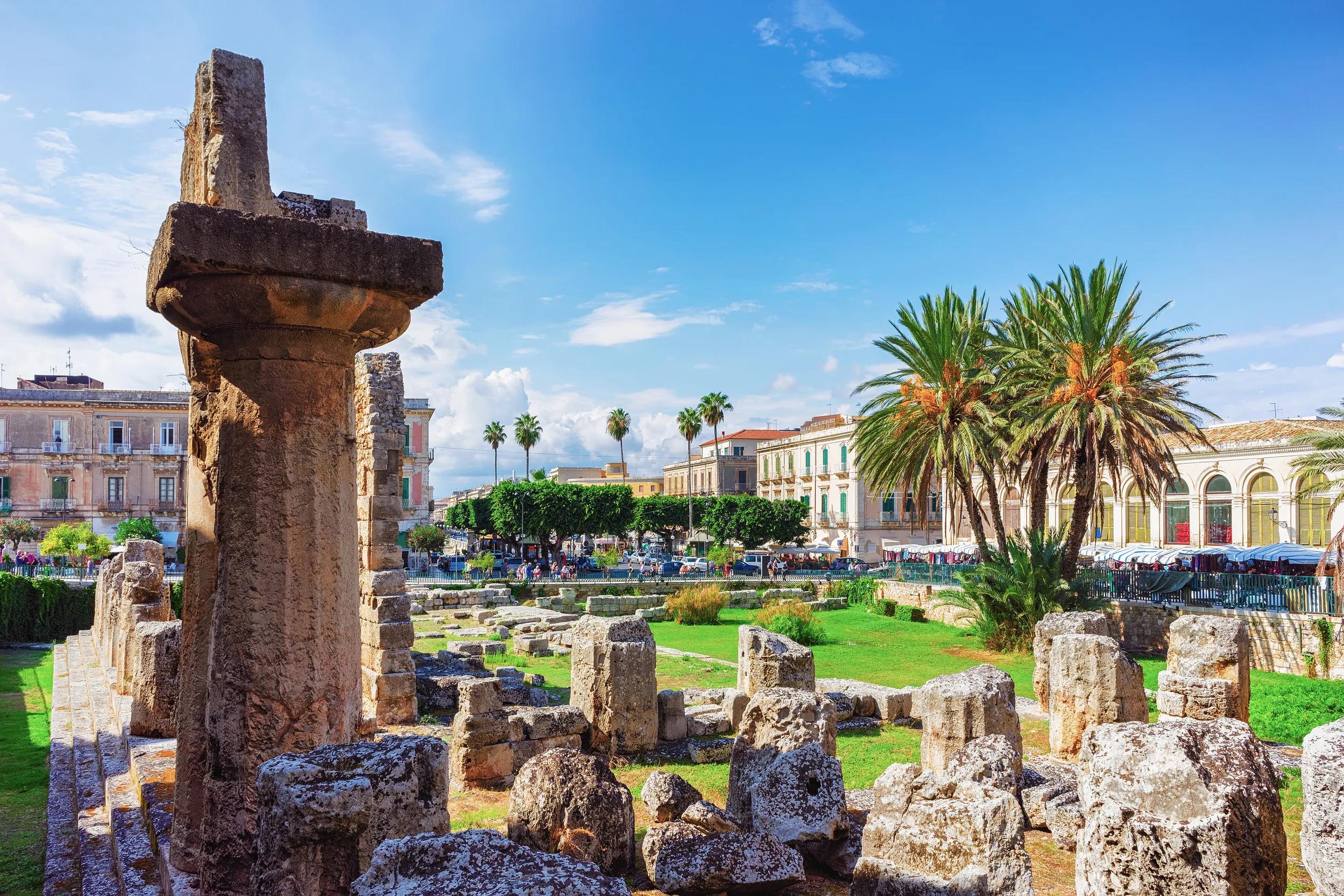 Ruins of Temple of Apollo at Piazza Pancali in Siracusa, Sicily, Italy