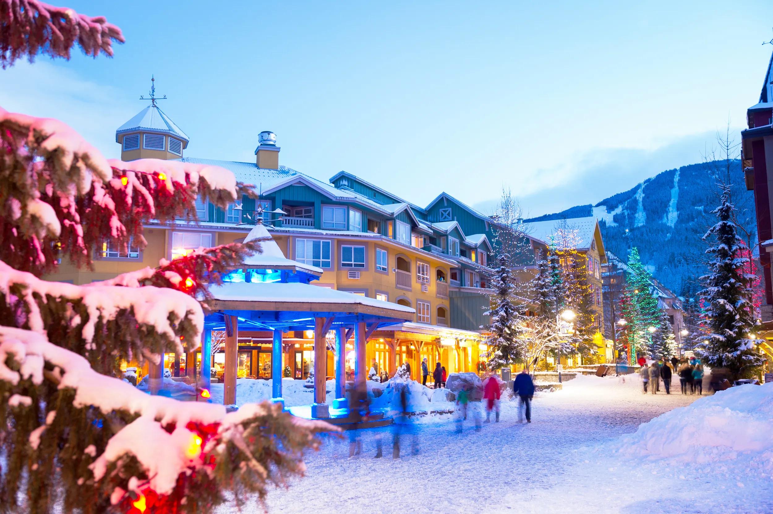 Festive evening in Whistler village. Whistler at Christmas. Top ski resorts in the world. Best travel destinations in Canada.