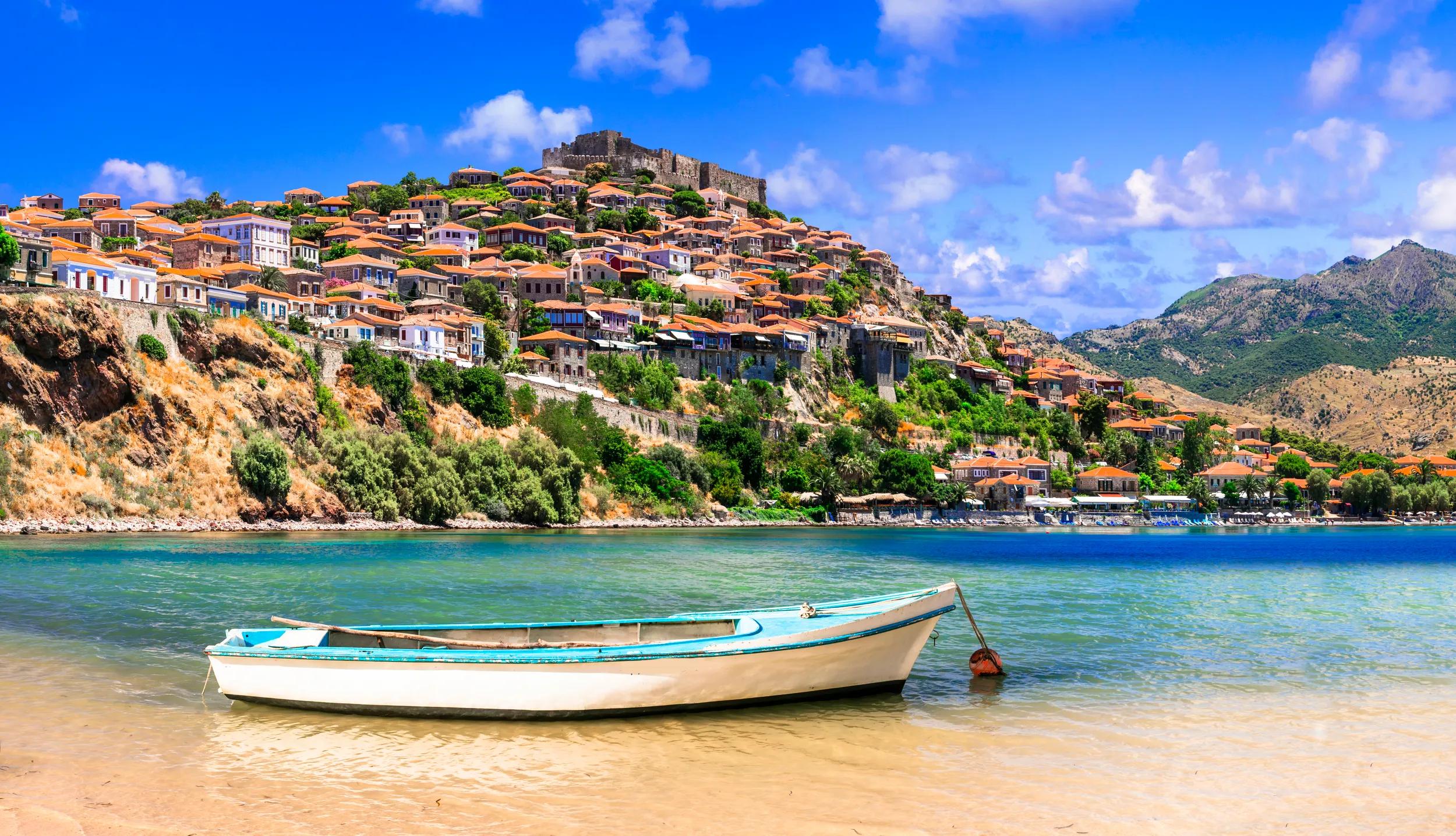 Traditional Greece. Lesvos island, view of town Molyvos (Mithymna) with old castle above