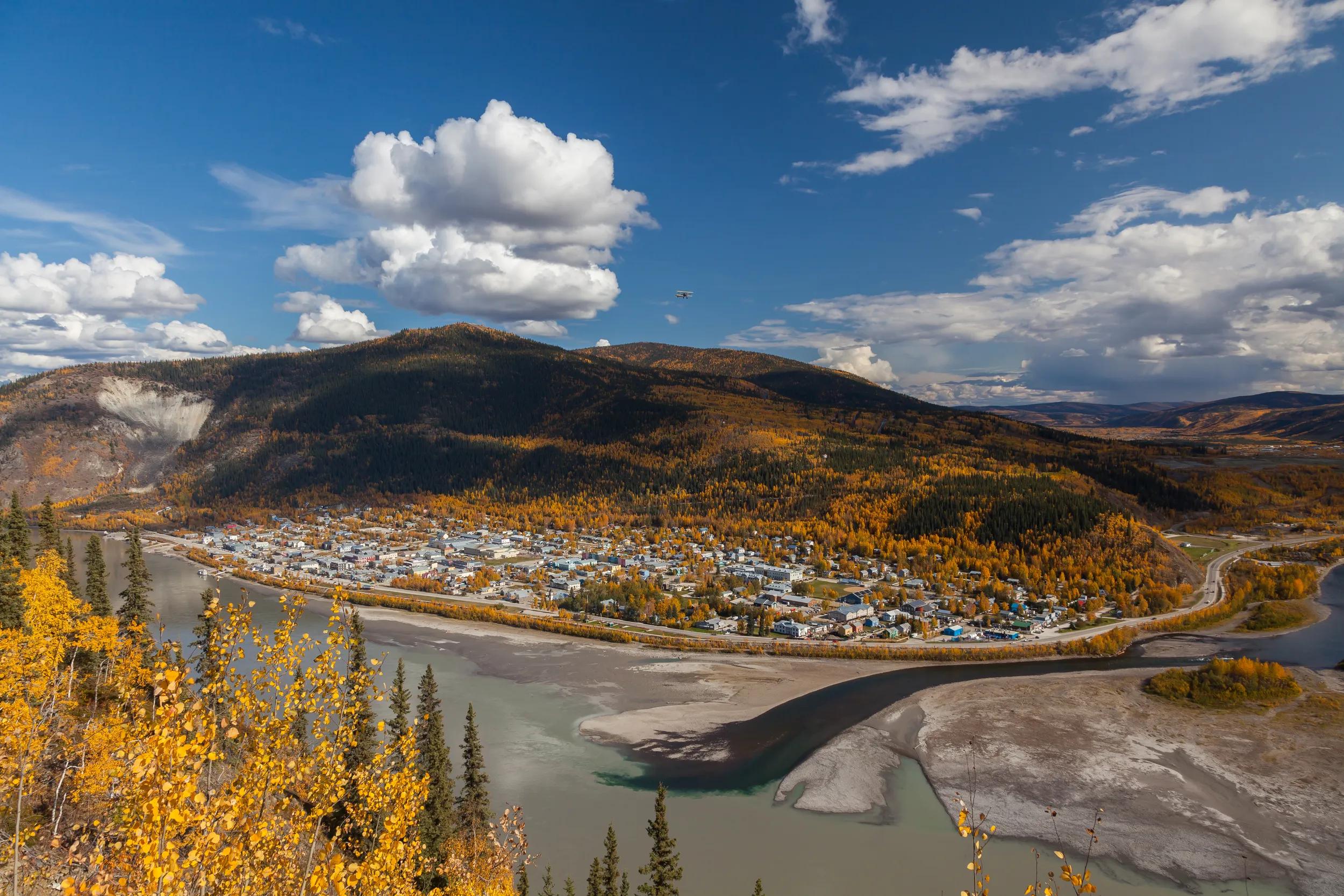 View from the Top of the World Highway over Dawson City, the Yukon River and the Klondike River