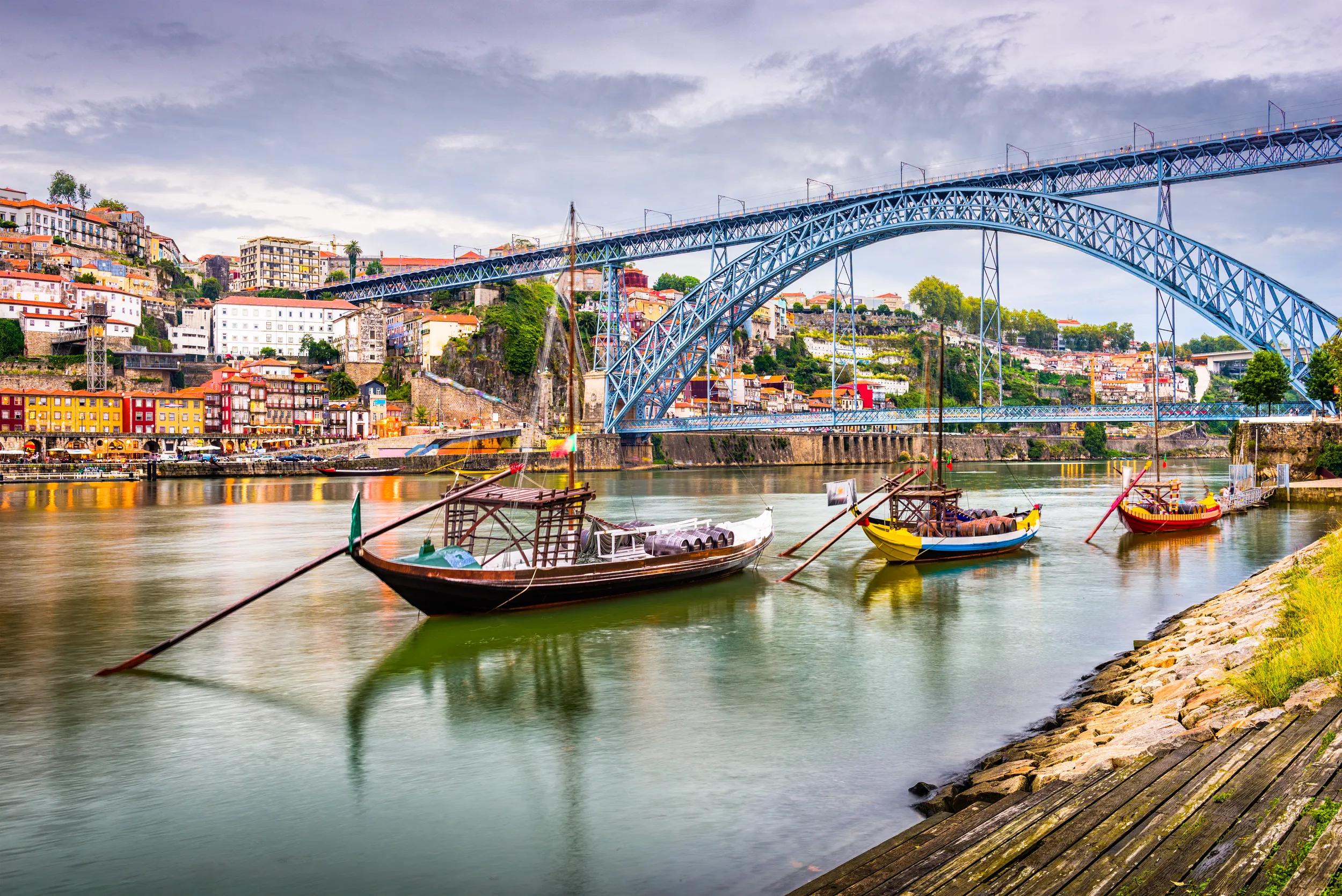 Porto, Portugal town view on the Douro River in the early evening.