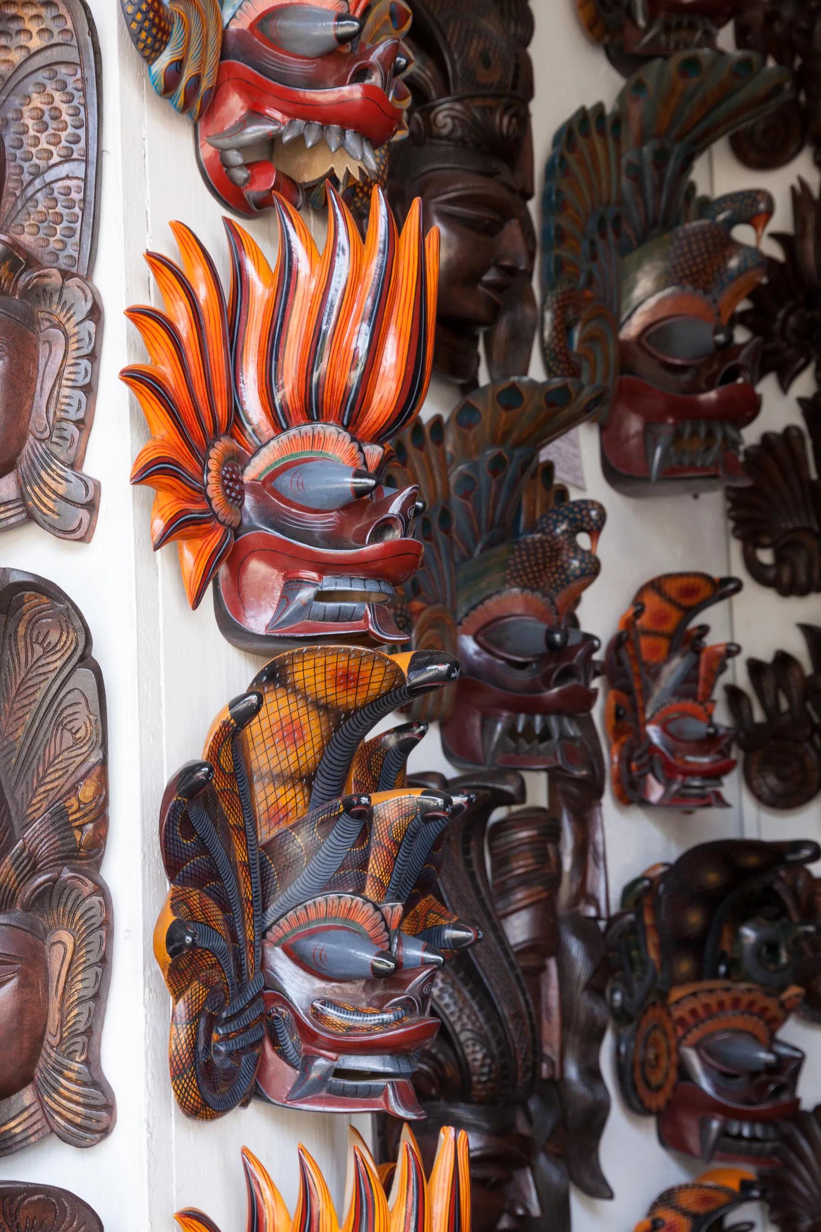 Traditional devil masks at street shop in Hikkaduwa, Sri Lanka.