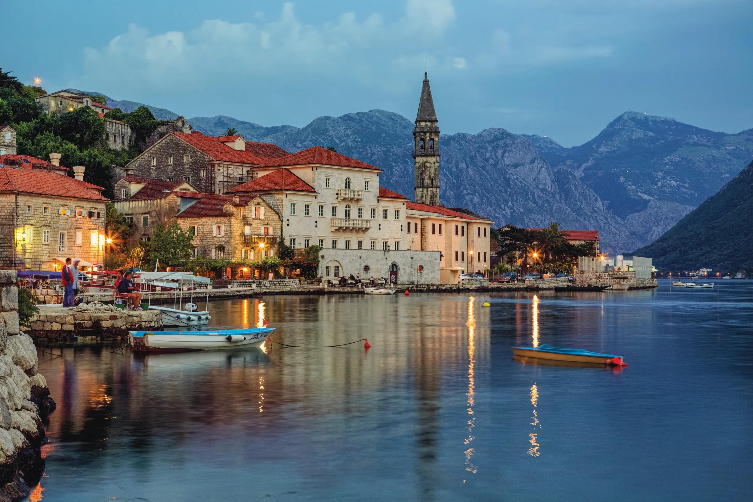 Perast, Montenegro on the Bay of Kotor, Spire of St, Nicholas church in background