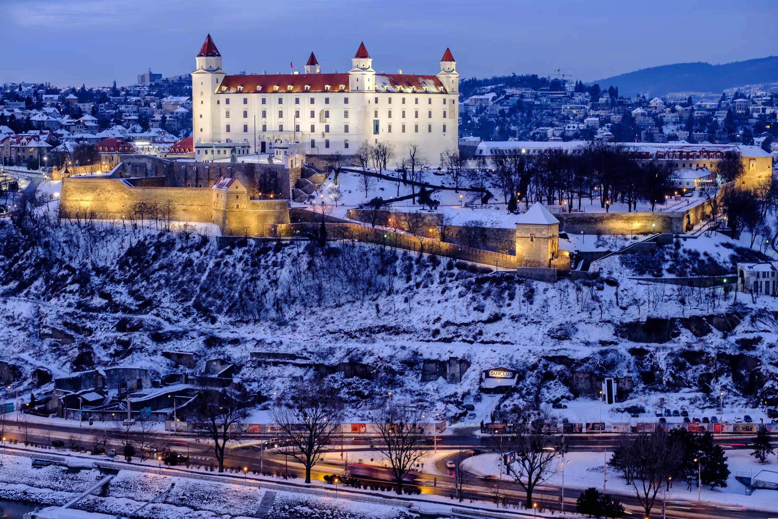 Bratislava Castlein winter blue hour, Bratislava, Slovakia.