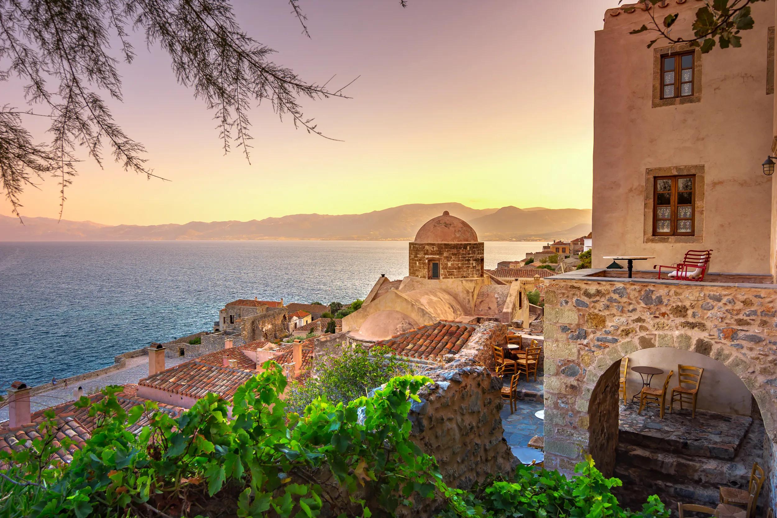 The medieval "castletown" of Monemvasia, often called "The Greek Gibraltar", Lakonia, Peloponnese, Greece