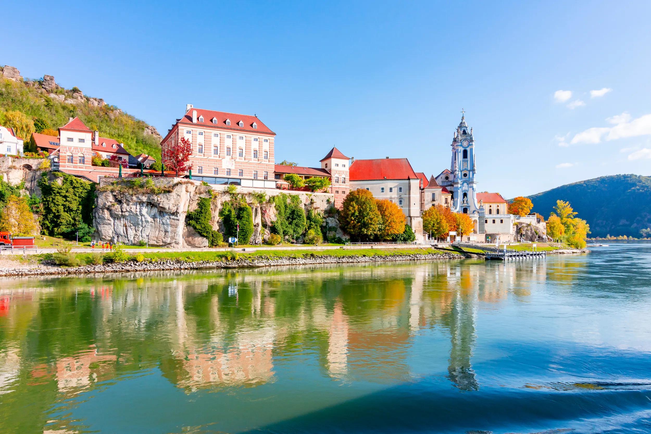 Durnstein town in Wachau valley in autumn, Austria