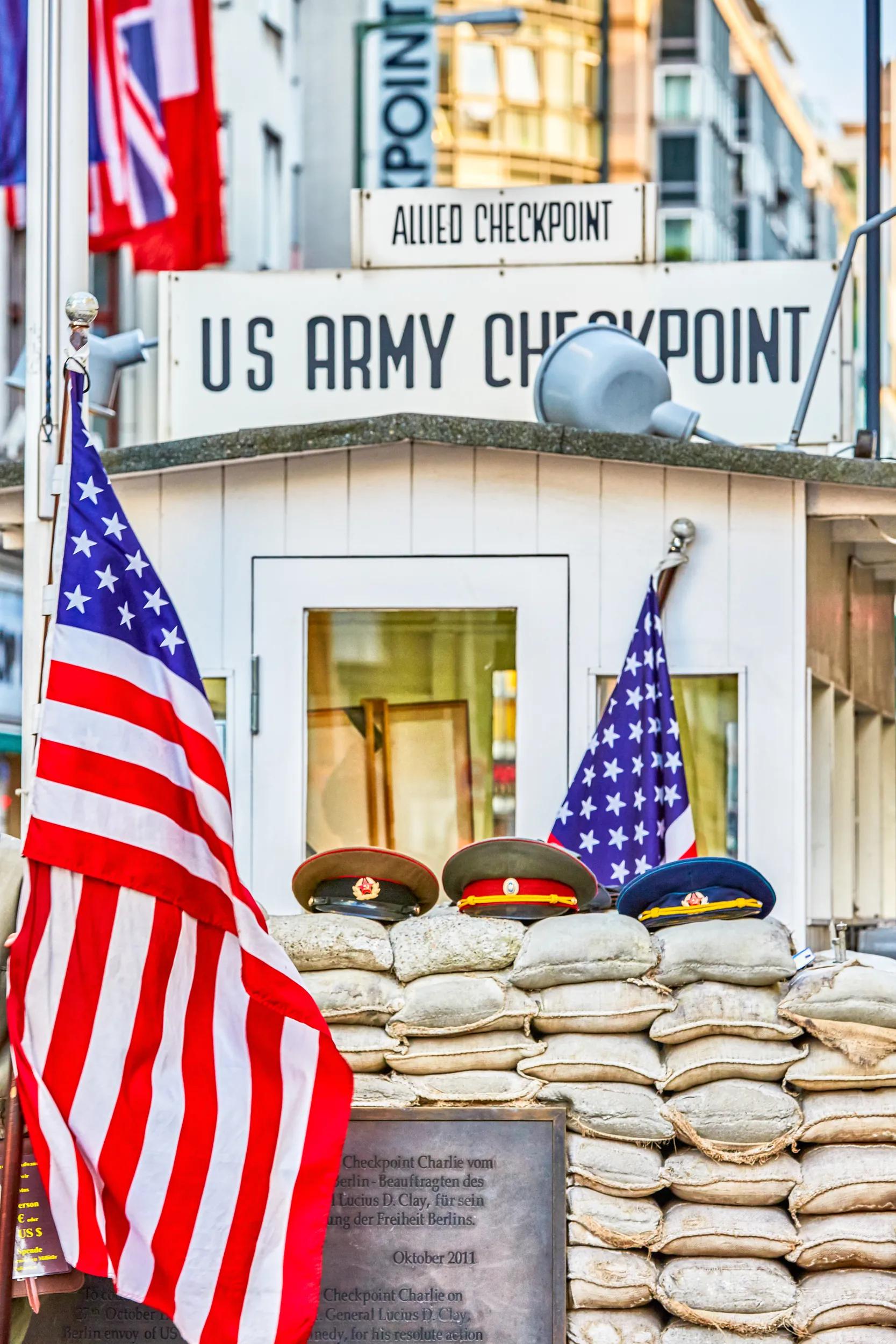 The famous Berlin Wall crossing point between East and West Berlin, as named by the the Western Allies, during the Cold War.