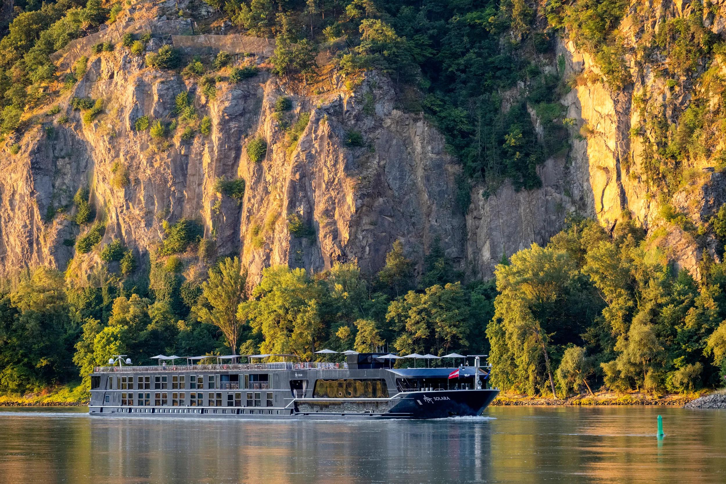 APT Solara Ship exterior, underway on the Danube River near Durnstein, Austria.