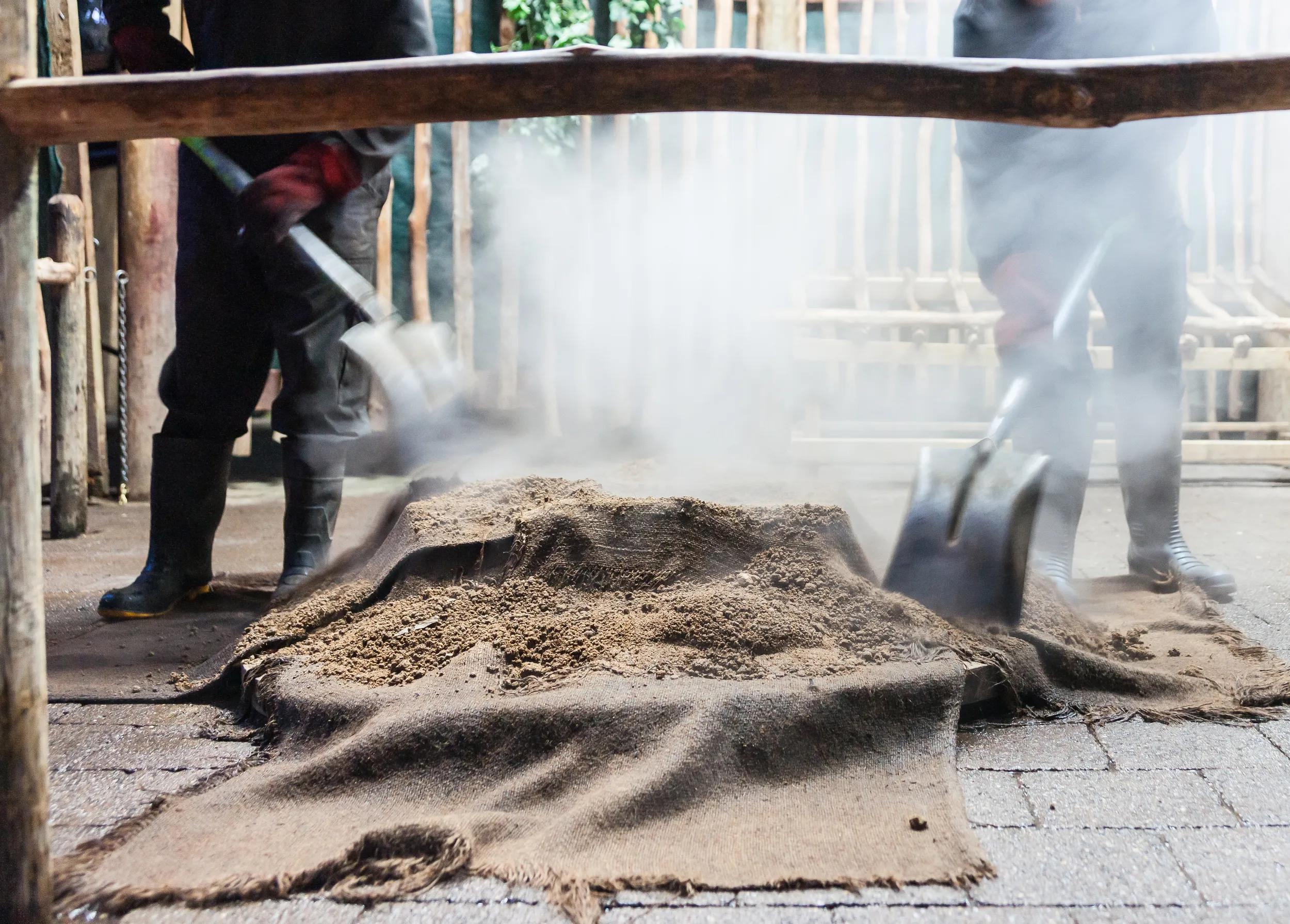 Smoke and dust fly as food is being prepared for a traditional Maori feast or Hangi, by steaming through heat from underground thermal activity or heated stones in base of pit.