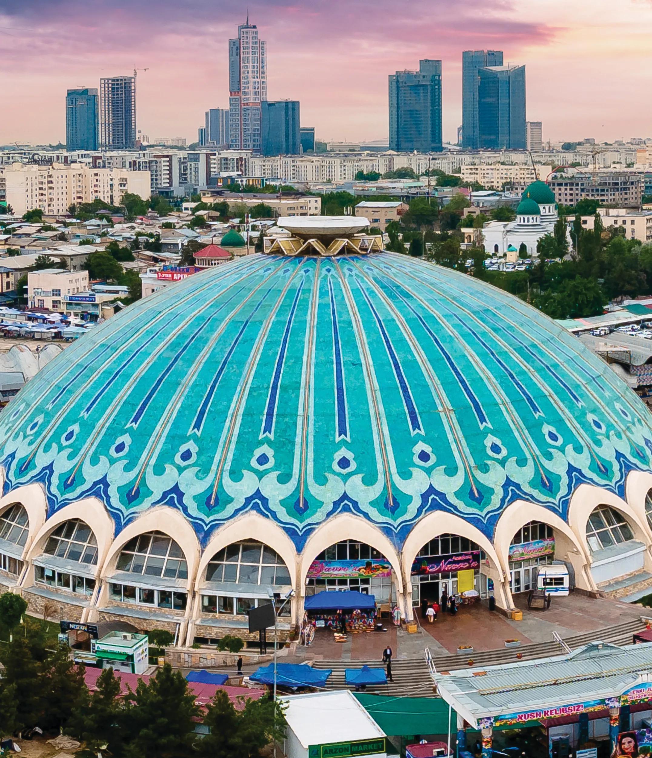 Aerial Panorama view of the Chorsu market in Tashkent, Uzbekistan