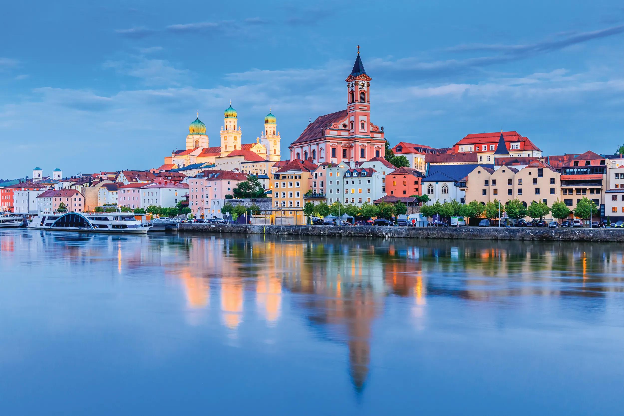 Passau, Germany. Panorama of the "City of Three Rivers" in front of the Danube river.