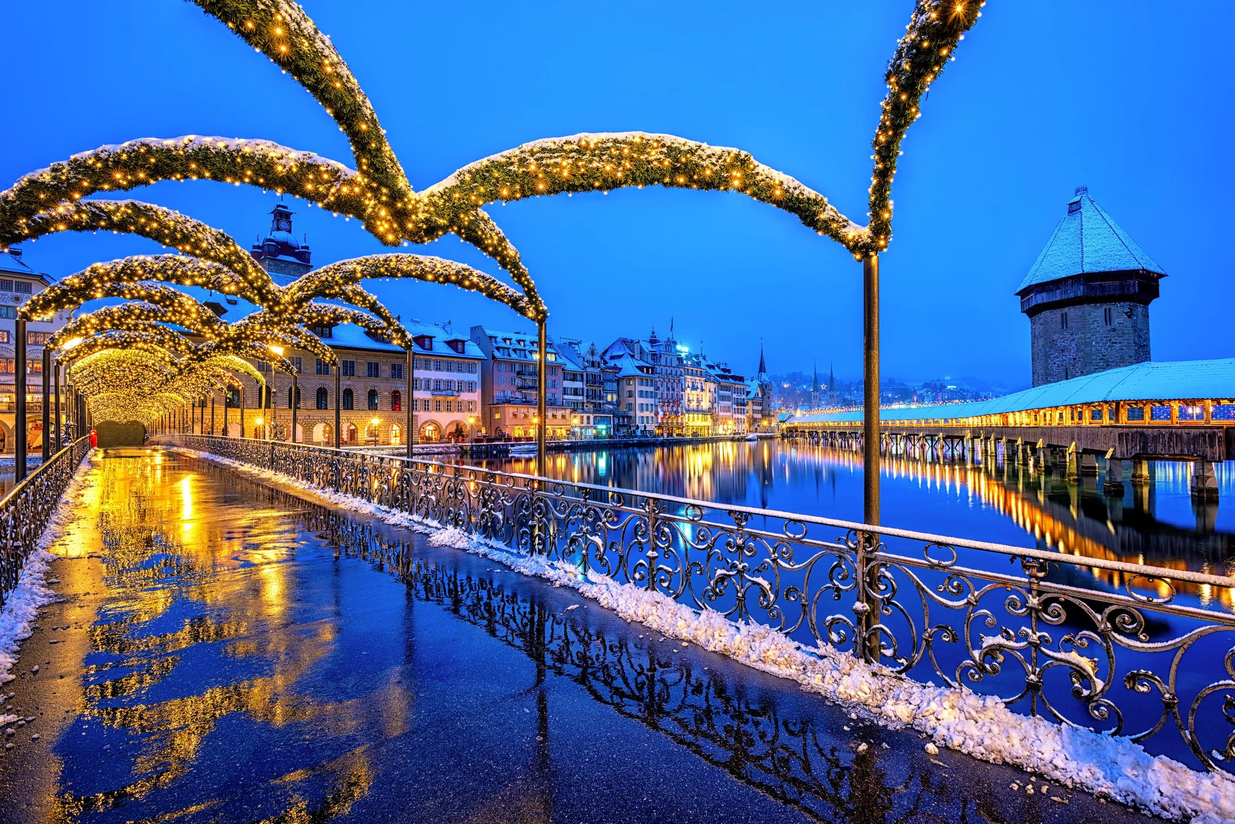 Lucerne Old town, Switzerland, decorated with Christmas lights in winter