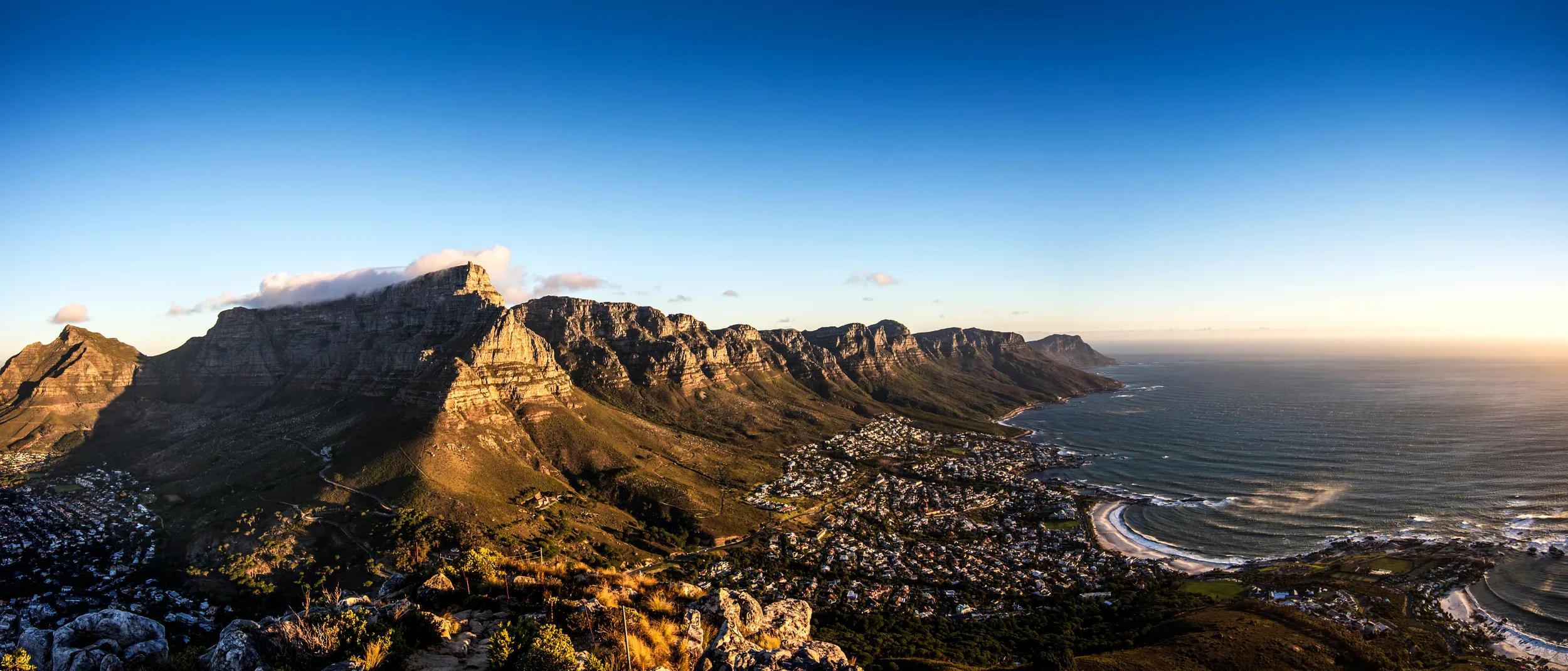 Panoramic view over Cape Town, Table Mountain and the Twelve Apostles from top of Lion's Head Mountain