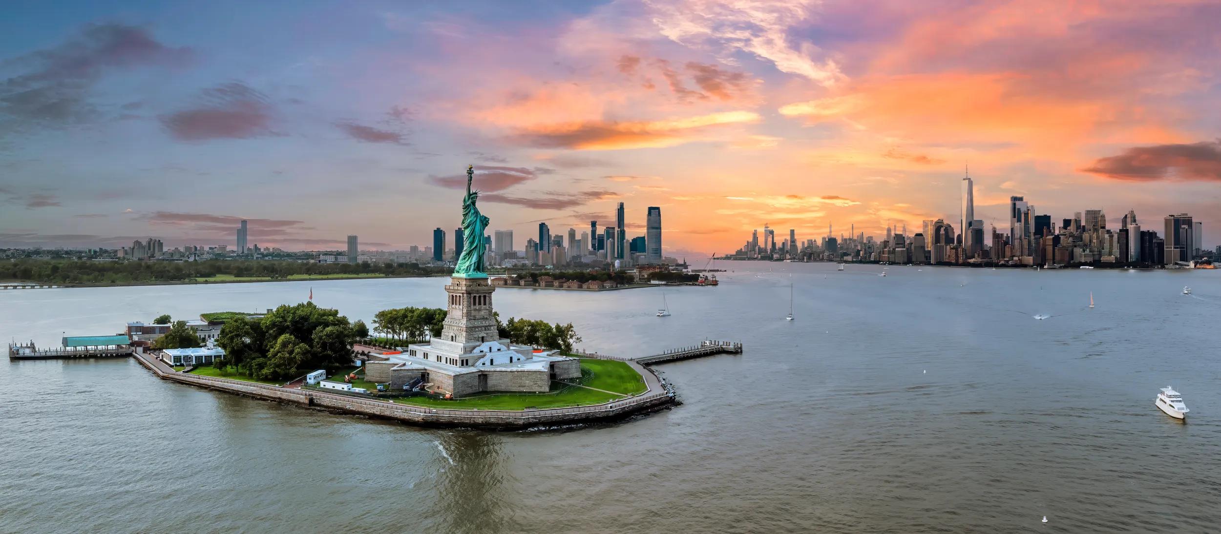 Statue of Liberty Manhattan sunset view