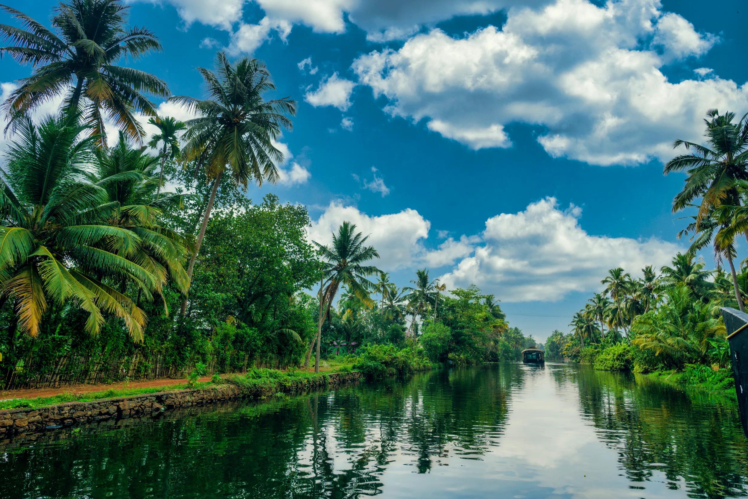 Houseboat navigating on the Kerala Backwaters in South India.