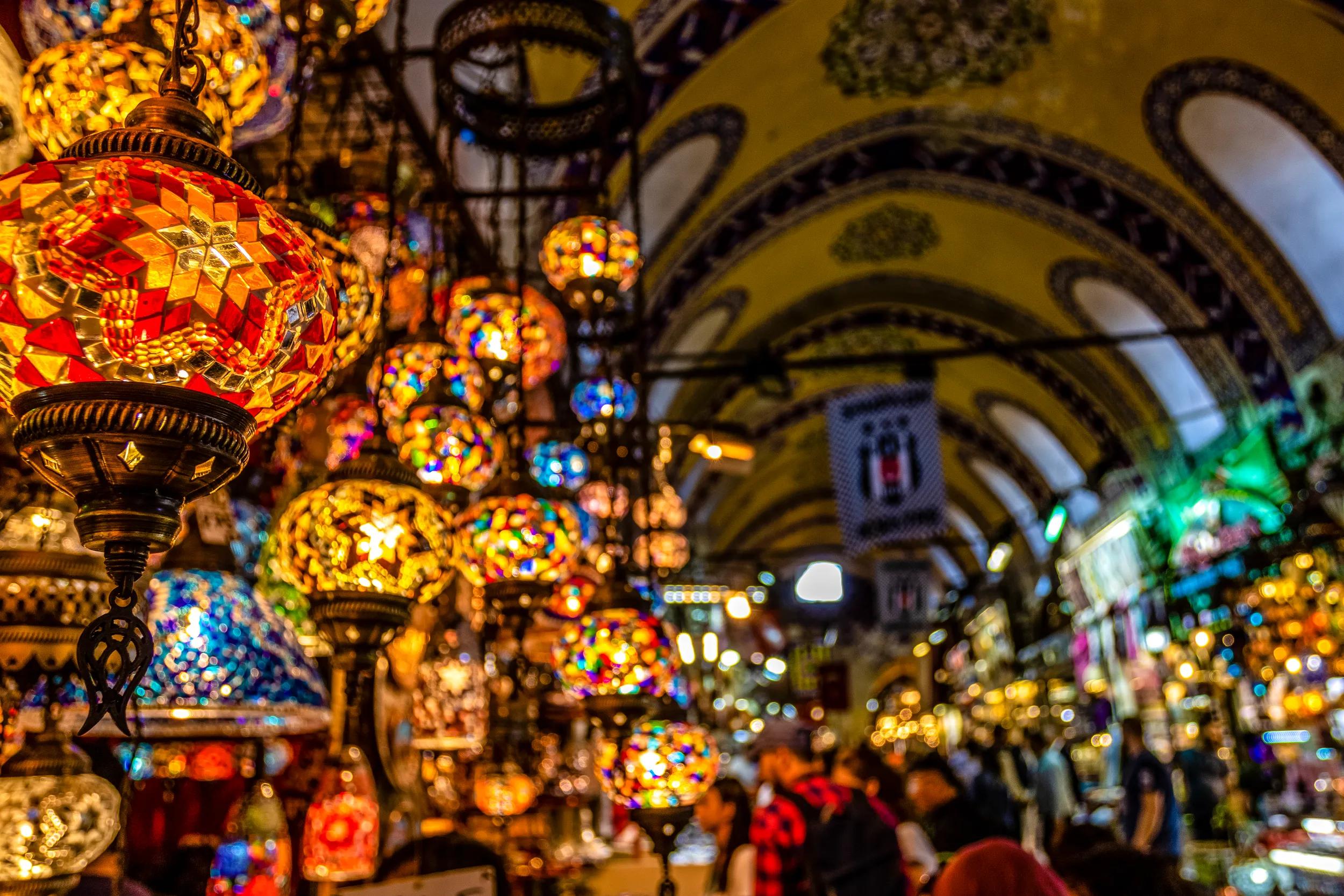 Colorful Turkish lamps for sale at the Grand Bazaar in Istanbul, Turkey, Europe