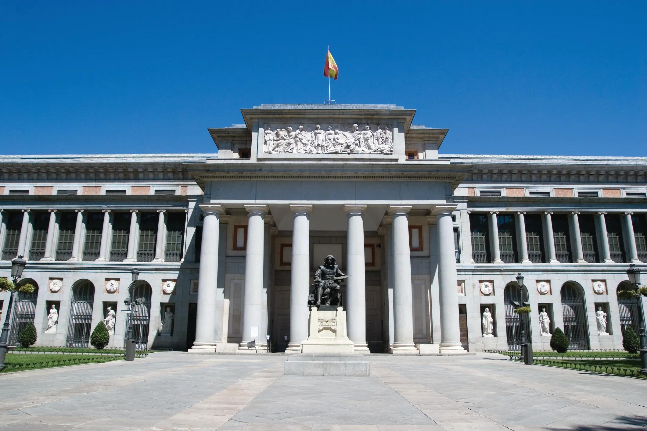 The Prado Museum main Spanish national art museum, in central Madrid, widely considered to have one of the world's finest collections of European art. Statue of Diego Velazquez in foreground.