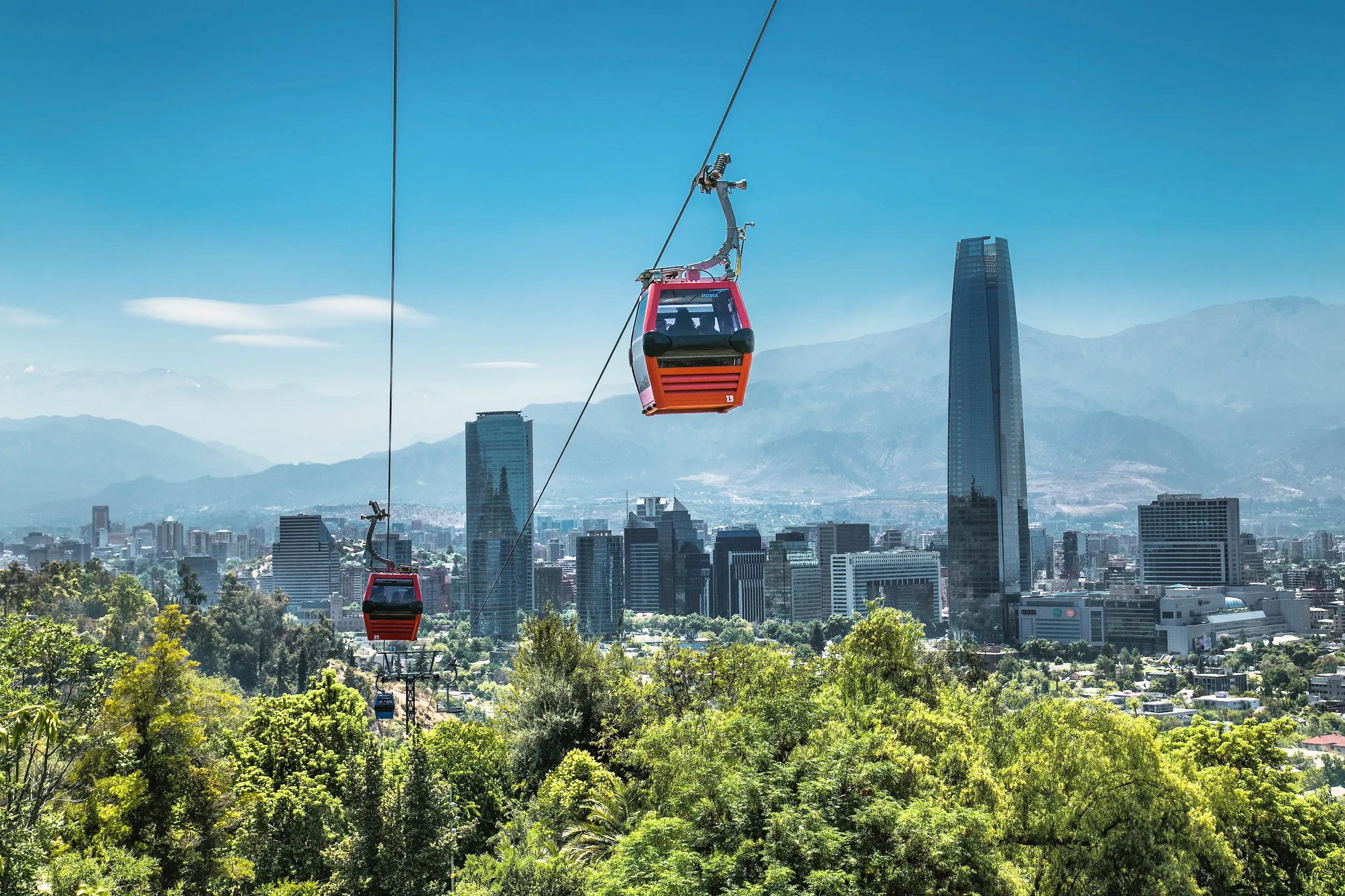 Cable car in San Cristobal hill overlooking a panoramic view of Santiago de Chile