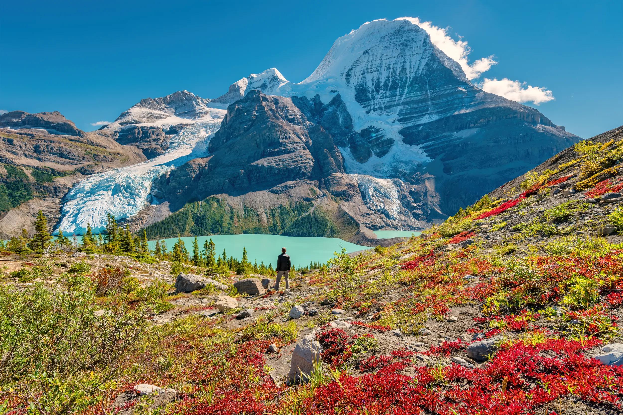 Hiker admires view of Mount Robson from above Berg Lake, Mount Robson Provincial Park, British Columbia, Canadian Rockies on a sunny afternoon.