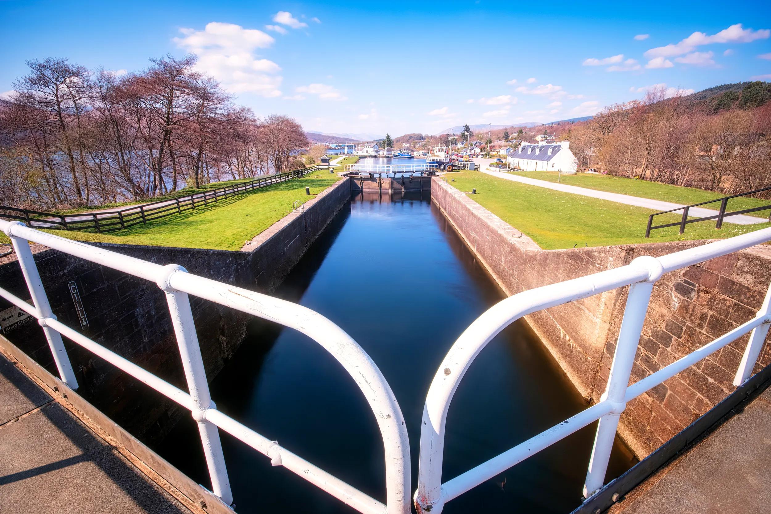 UK, Scotland, Highlands, 'Neptunes Staircase' historic series of lock gates on Caledonian Canal.