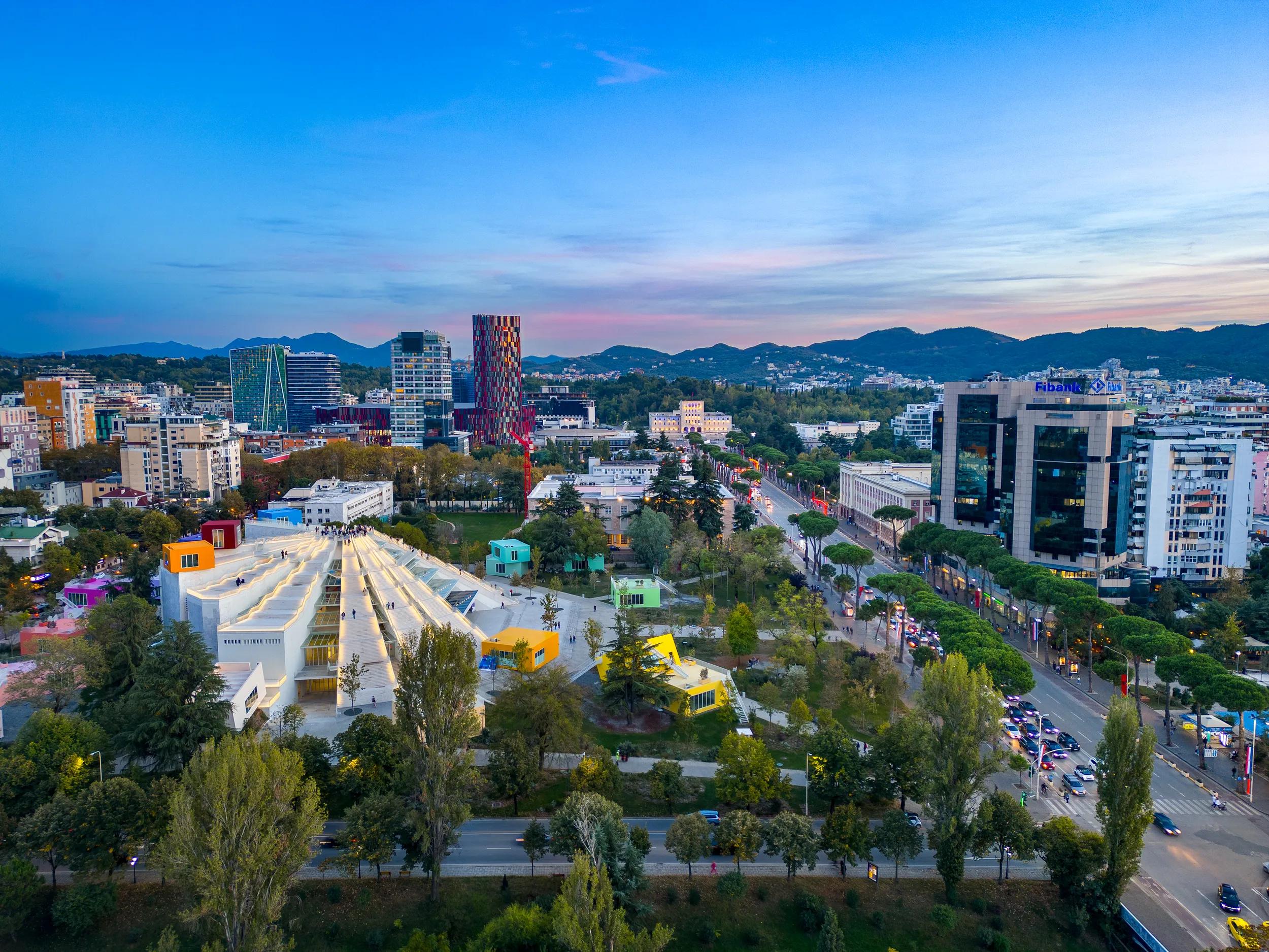 Aerial view of Tirana, Albanian capital at night