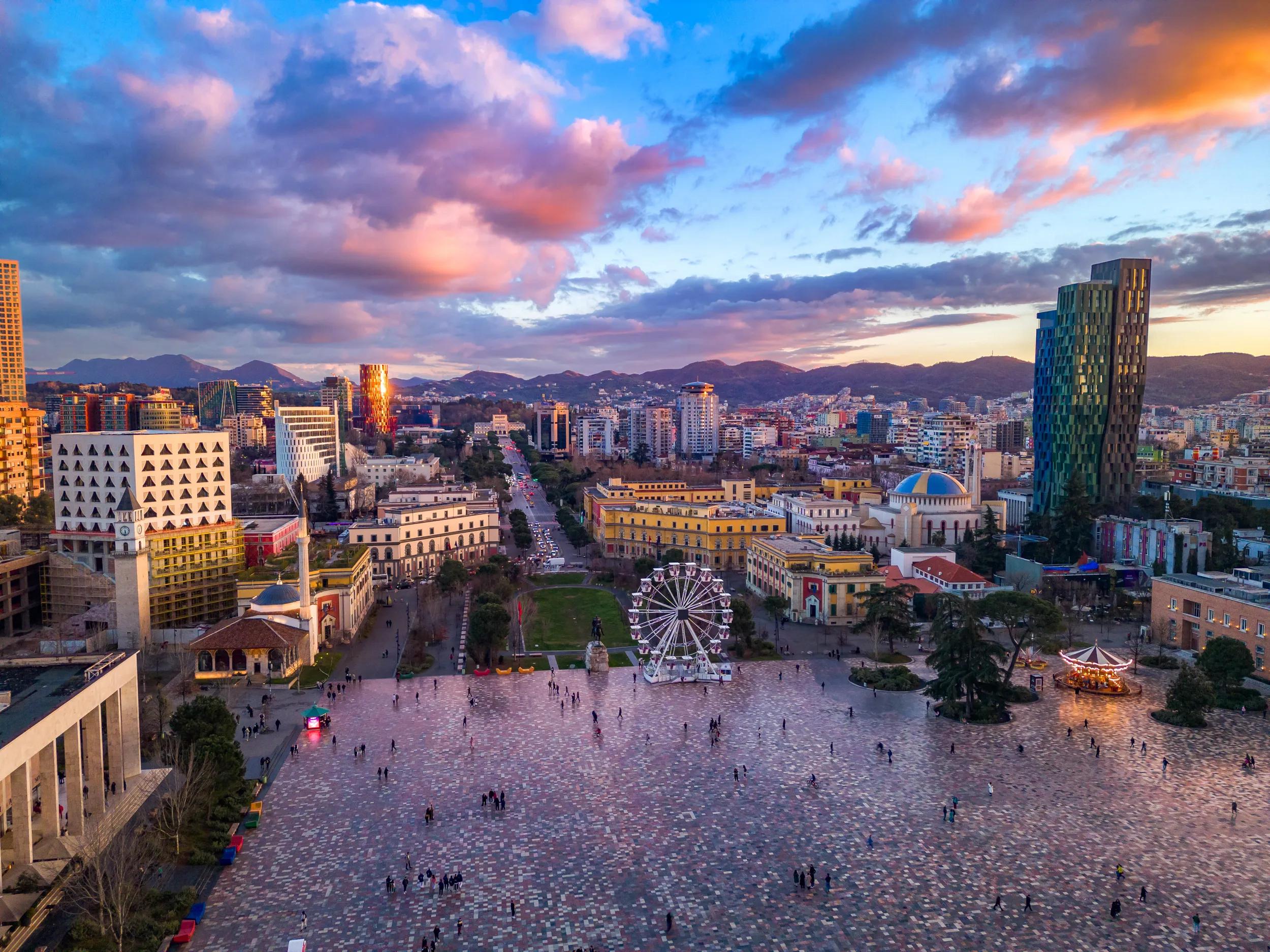 Tirana Skanderbeg square from drone, Albania