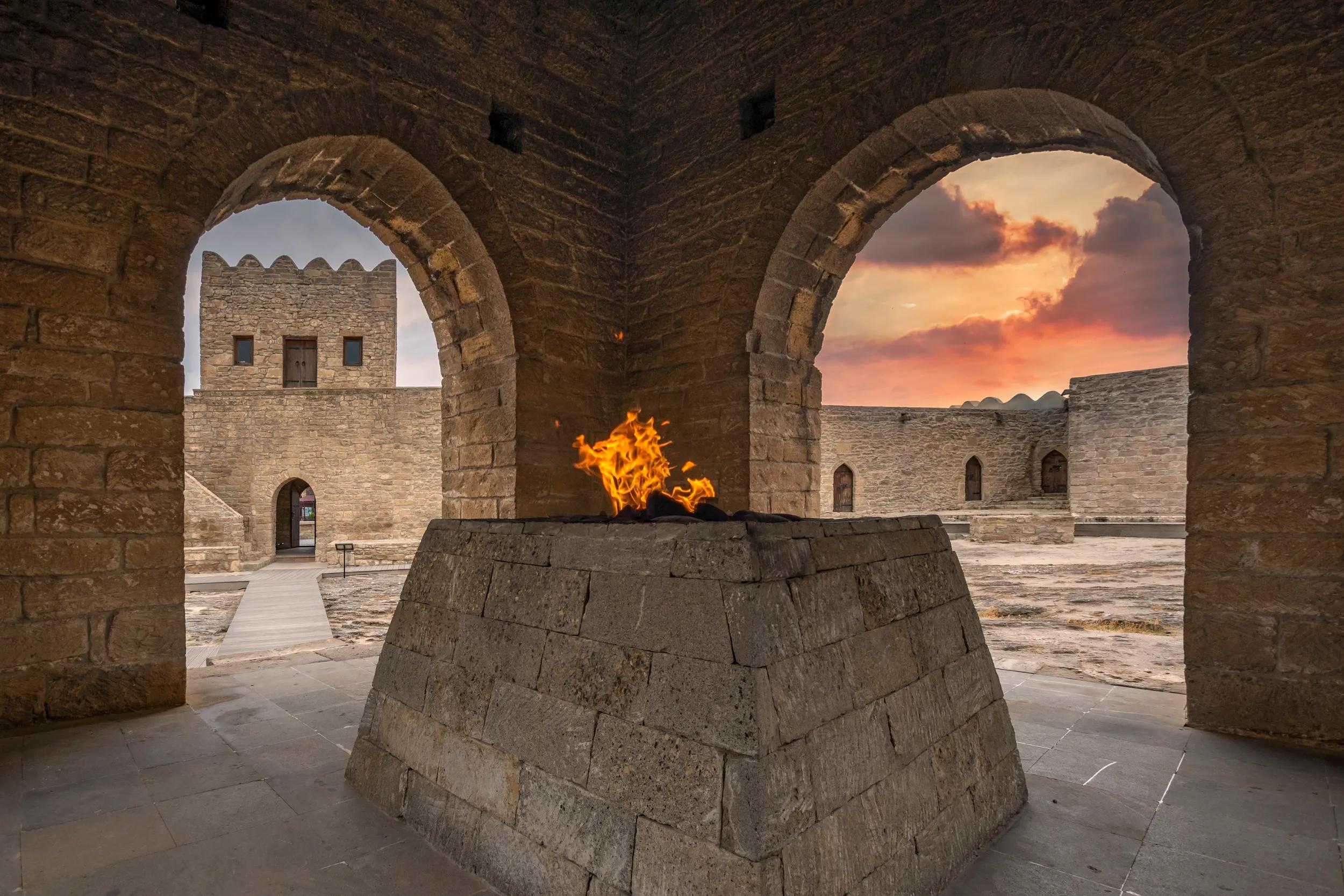 View of The Fire Temple(Ateshgah, a castle-like religious temple,  used as a Hindu and Zoroastrian place of worship) in Surakany town in Baku, Azerbaijan