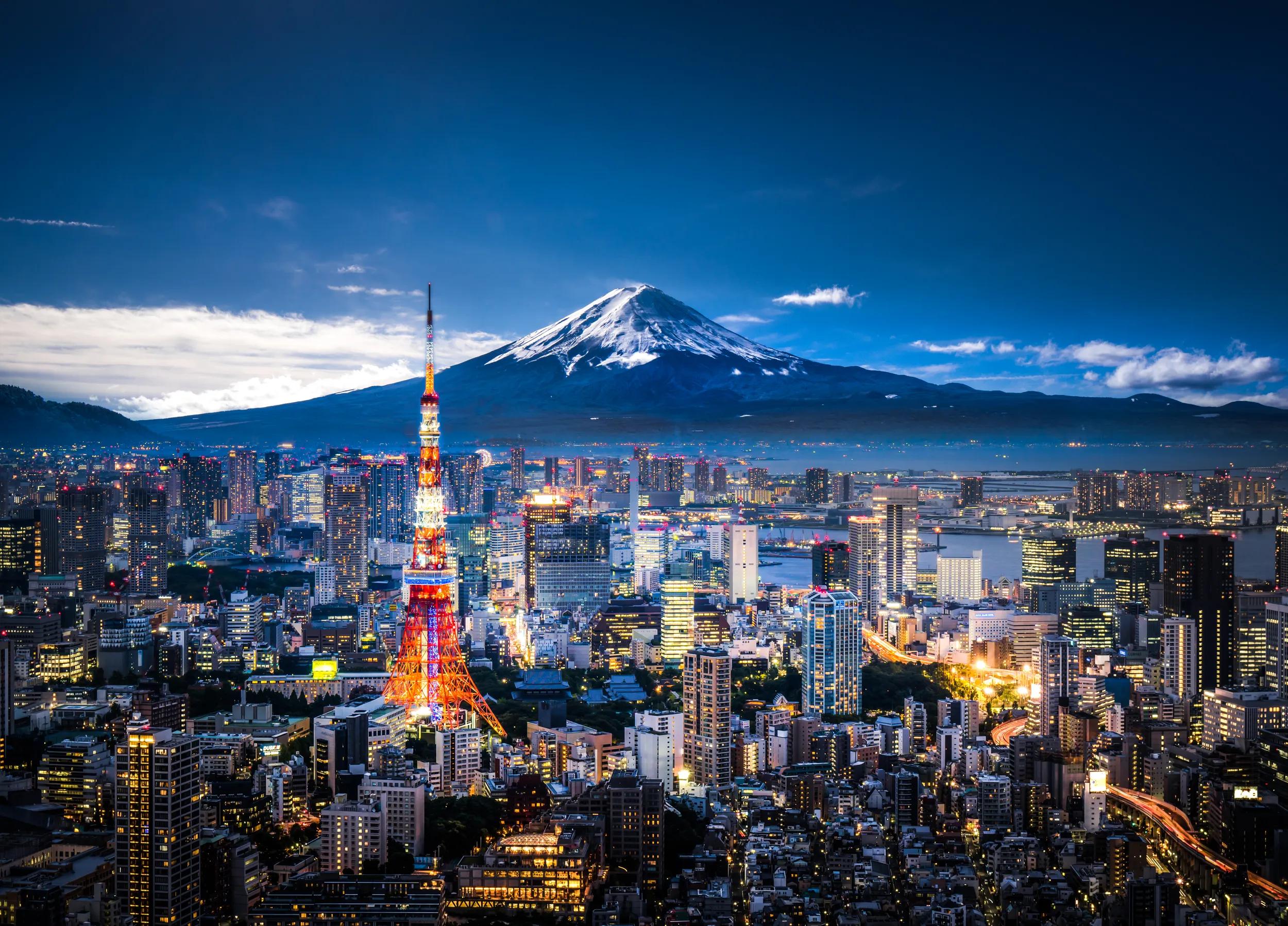 View of Mt. Fuji and Tokyo skyline at dusk.