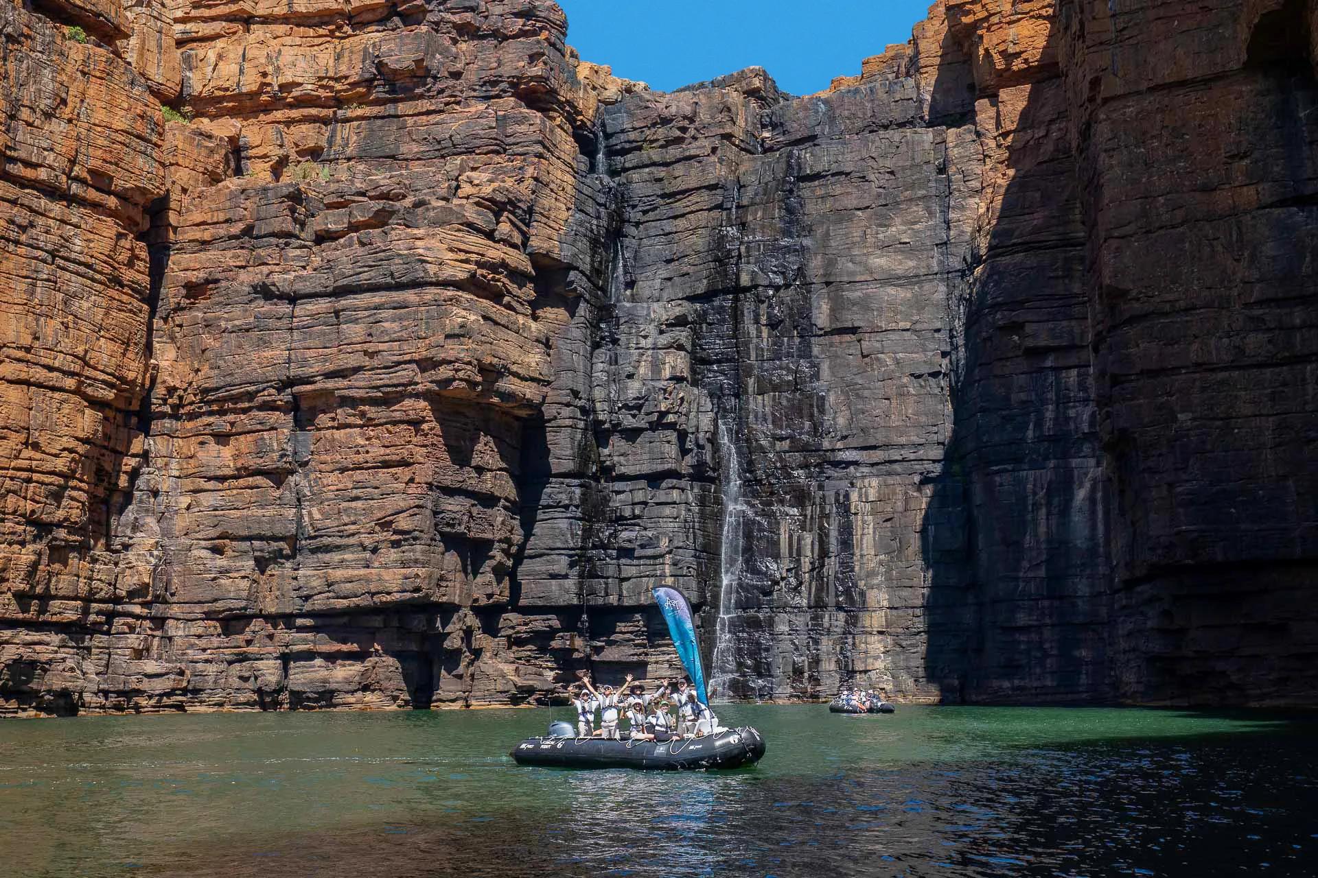 People in zodiacs, King George Falls, Seabourn Pursuit Kimberley Coast Voyage Aug 2025