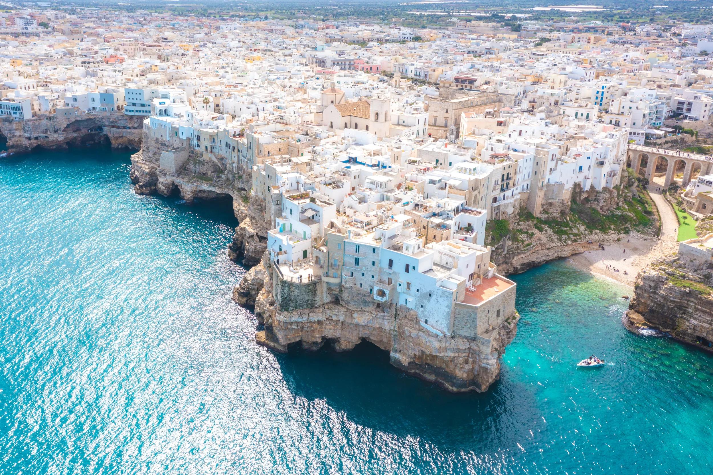 Spectacular spring cityscape of Polignano a Mare town, Puglia region, Italy, Europe. aerial view