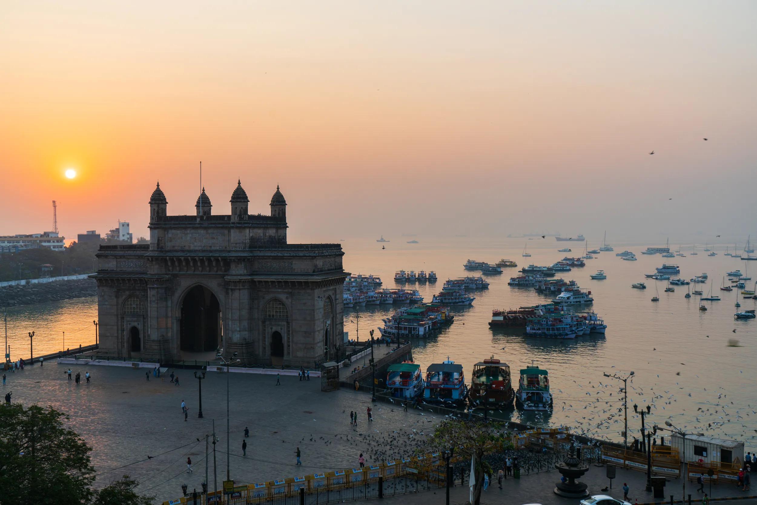 Sunrise at Gateway of India in Mumbai India. View from the Taj Hotel in Mumbai, India