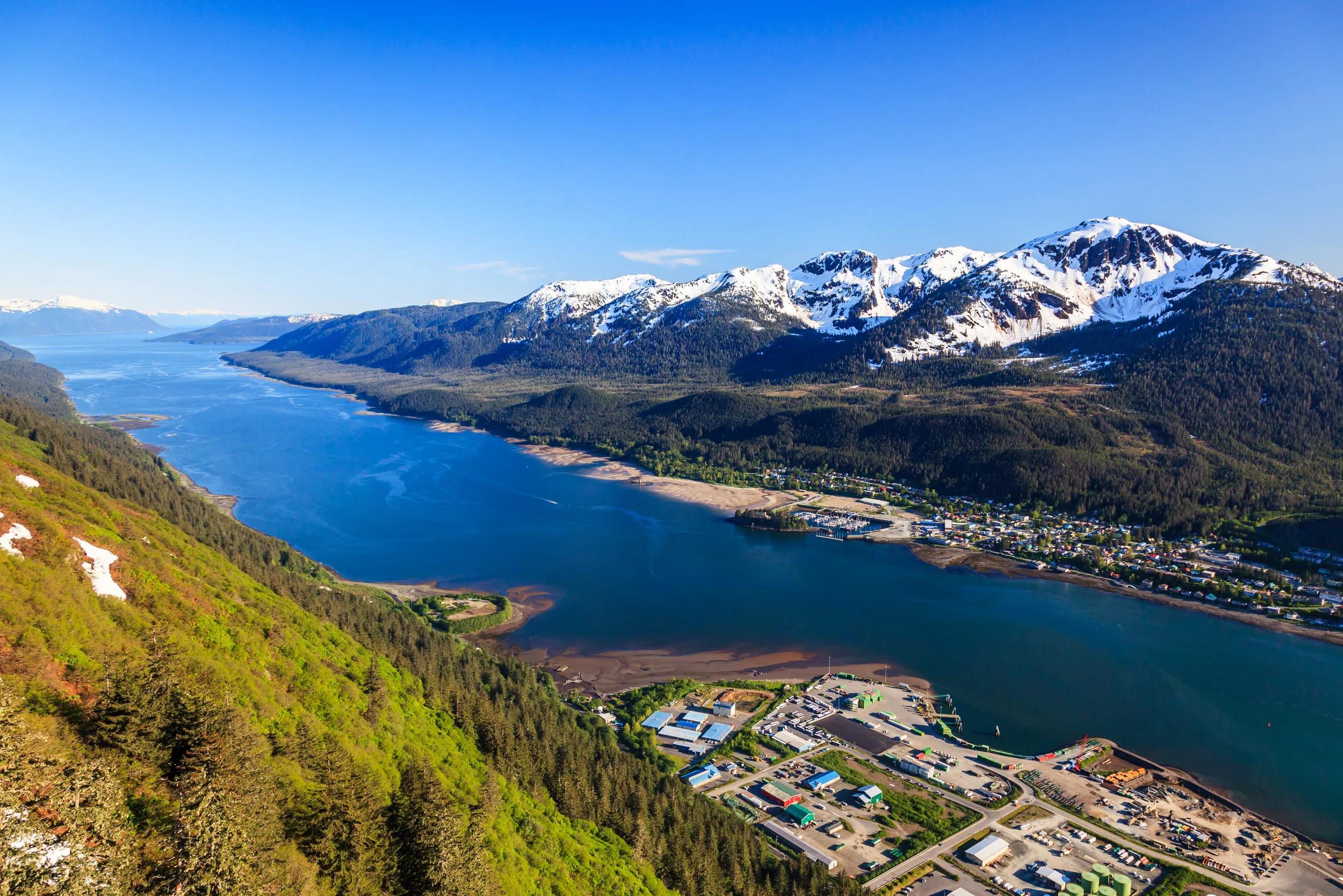 Juneau, Alaska. Aerial view of the Gastineau channel and Douglas Island.