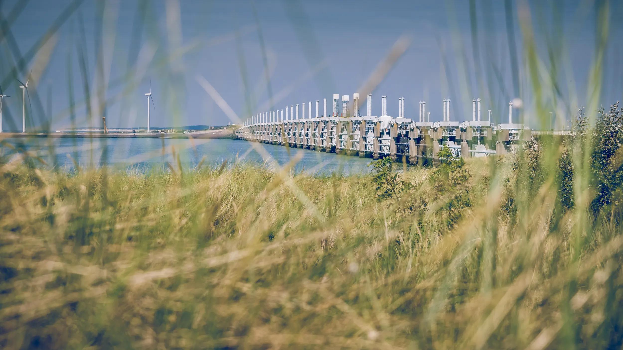 The storm surge barrier Oosterschelde nearby Neeltje Jans in The Netherlands