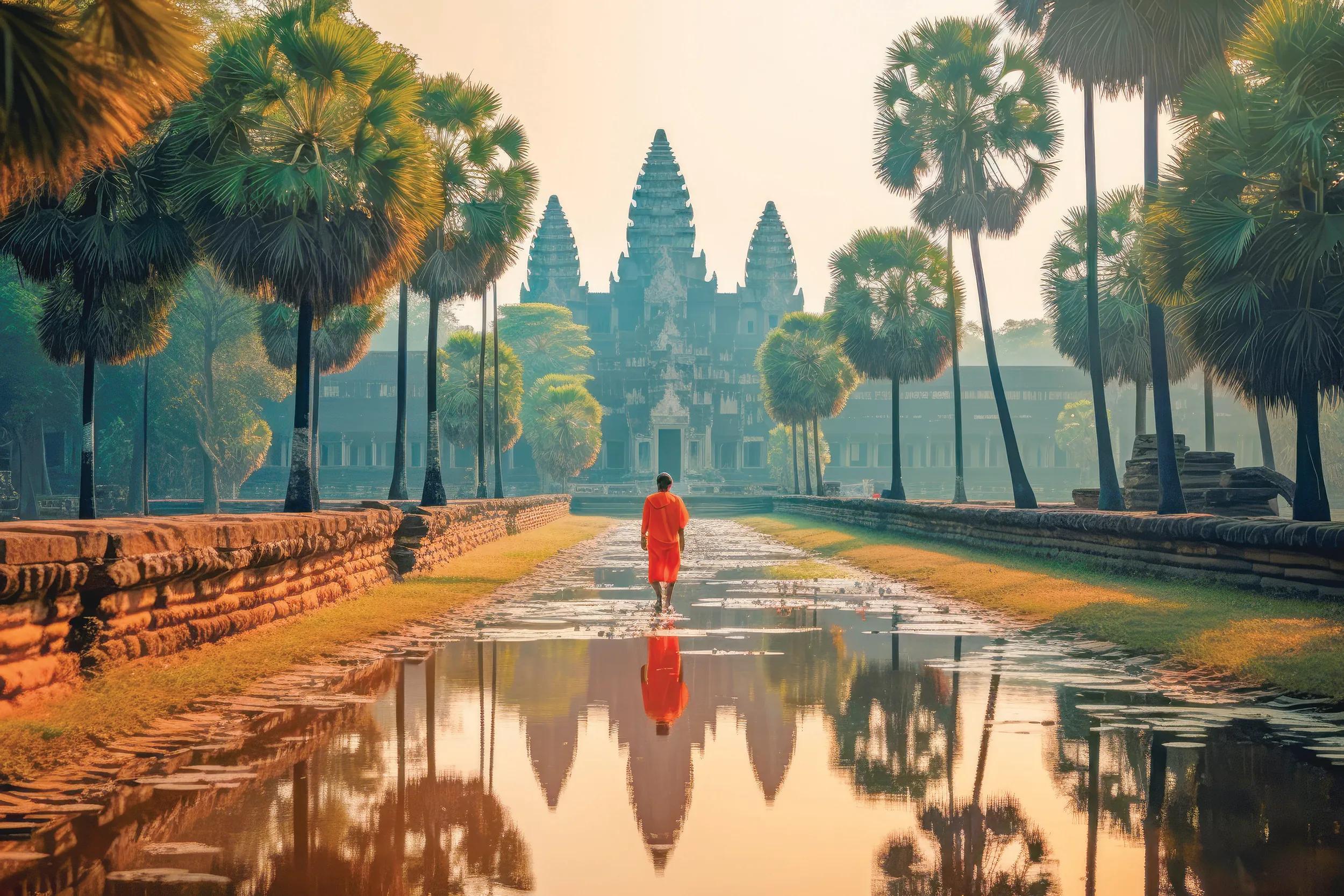 Discover the grandeur of ancient Khmer architecture at Cambodia's Angkor Wat temple. Admire the intricate stone craftsmanship reflecting the rich heritage of Buddhism.