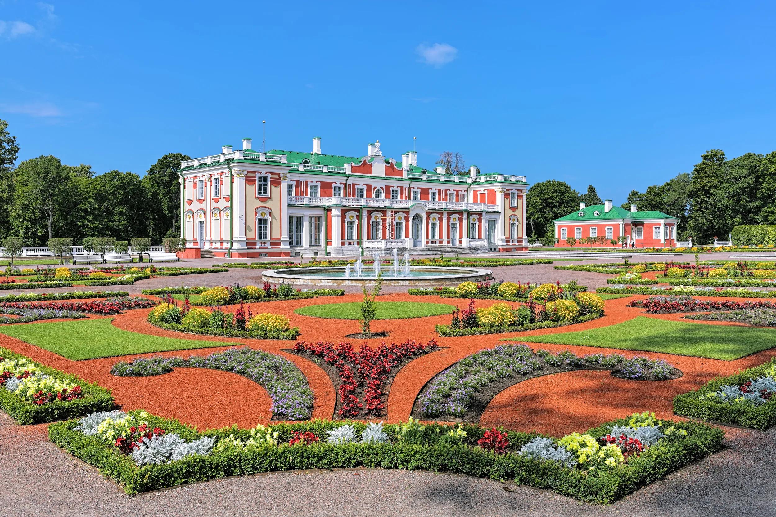 Kadriorg Palace and flower garden with fountain in Tallinn, Estonia. Kadriorg Palace is a Petrine Baroque palace built for Catherine I of Russia by Peter the Great in 1718-1727.