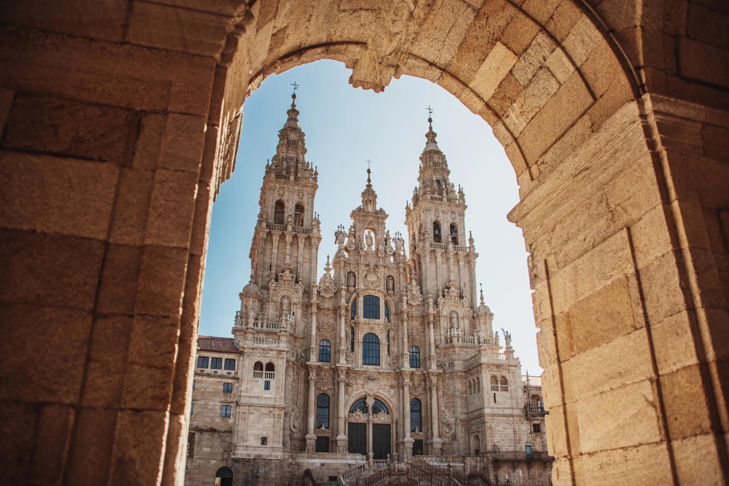Main facade of the Santiago de Compostela Cathedral in Galicia, Spain. This church is the finish of the 'Camino de Santiago' (Santiago Path) pilgrimage route.