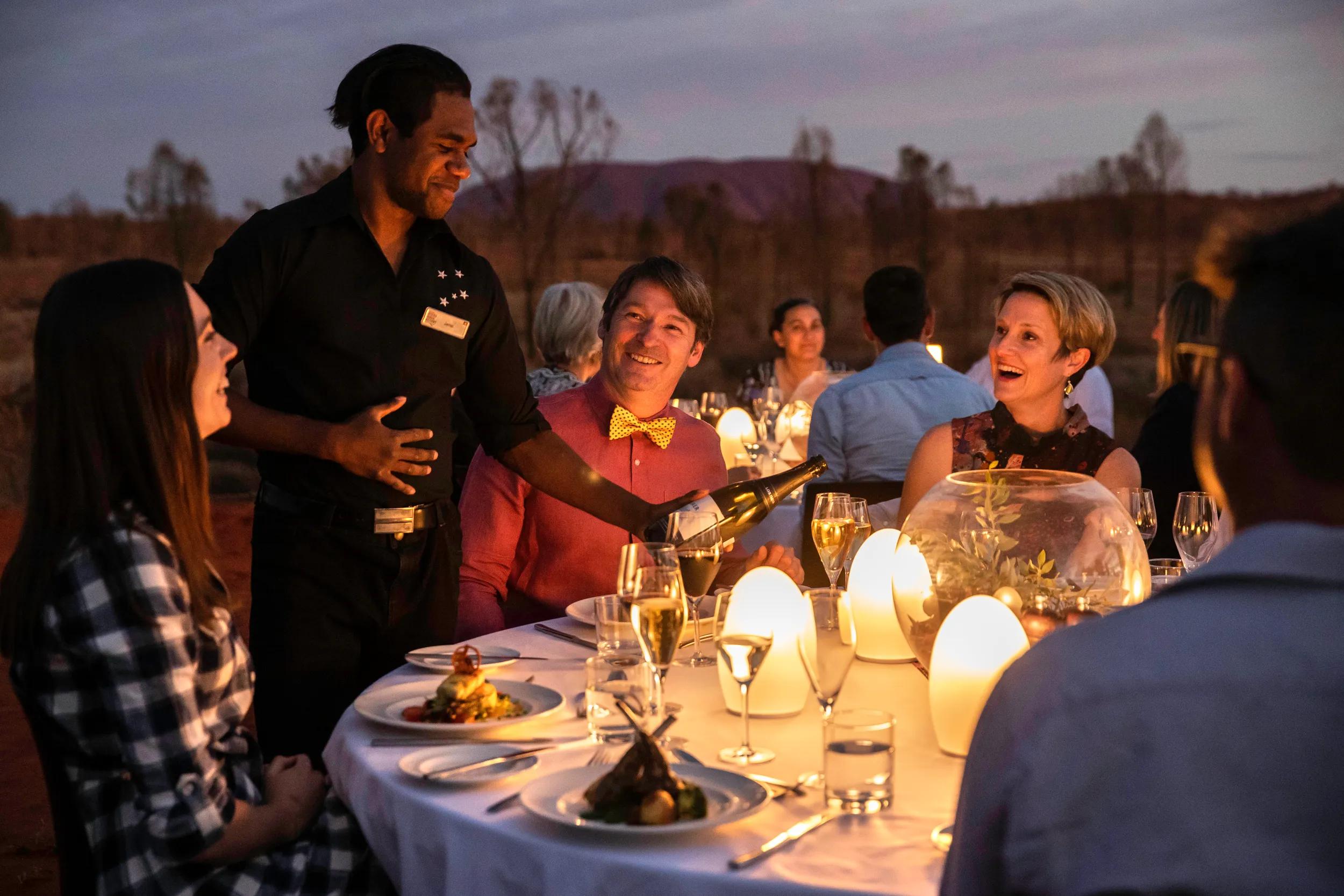 Sounds of Silence will have you feasting on a gourmet barbecue buffet of authentic Australian delicacies including barramundi, kangaroo, emu, crocodile, bush salads and classic desserts, complemented by some of Australia's finest wines. Attention then turns to some of the world's best stargazing, as the resident 'star talker' takes you on an unforgettable tour of a spectacular southern night sky. As you wind down after a delicious dinner, you are offered a choice of tea, coffee or port, or in winter, savour a special treat of hot mulled wine.