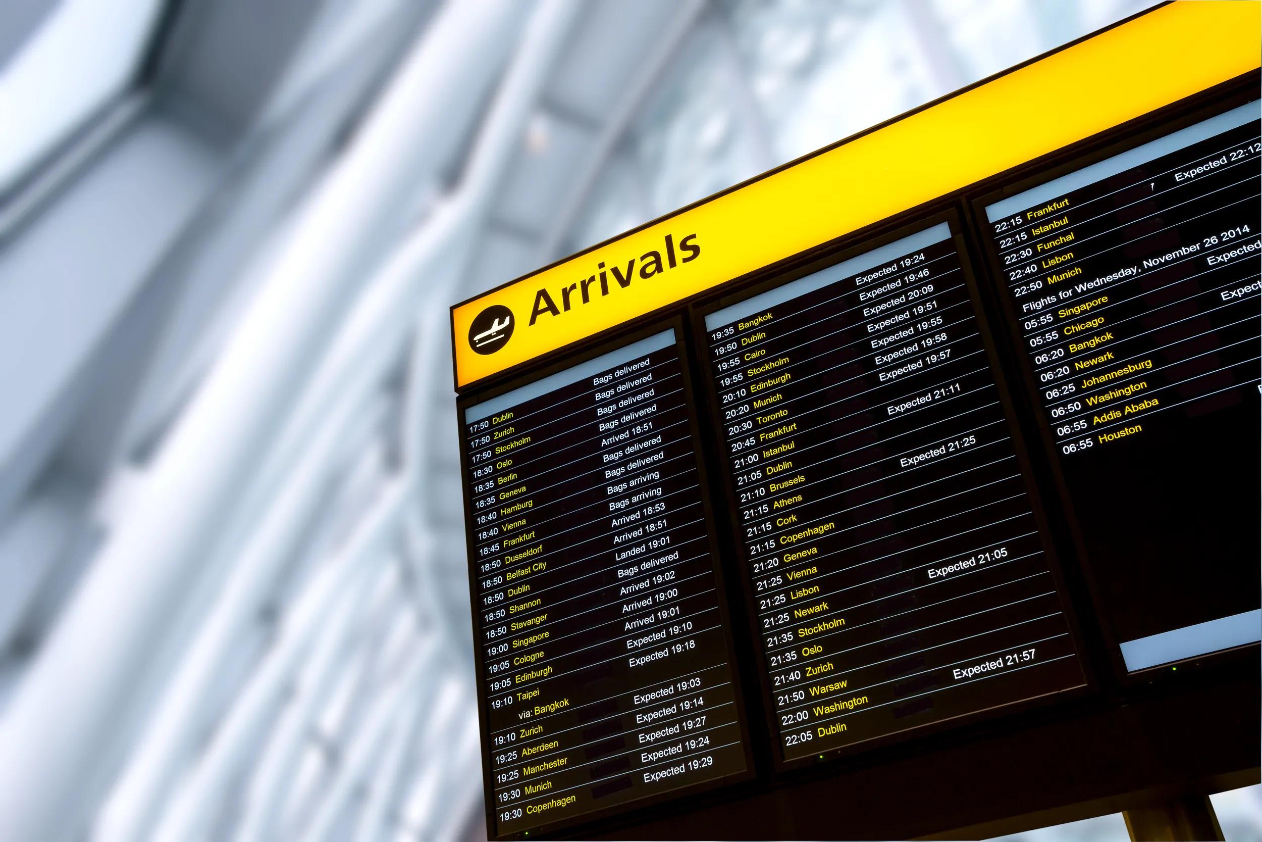 Check in, Airport Departure & Arrival information board sign