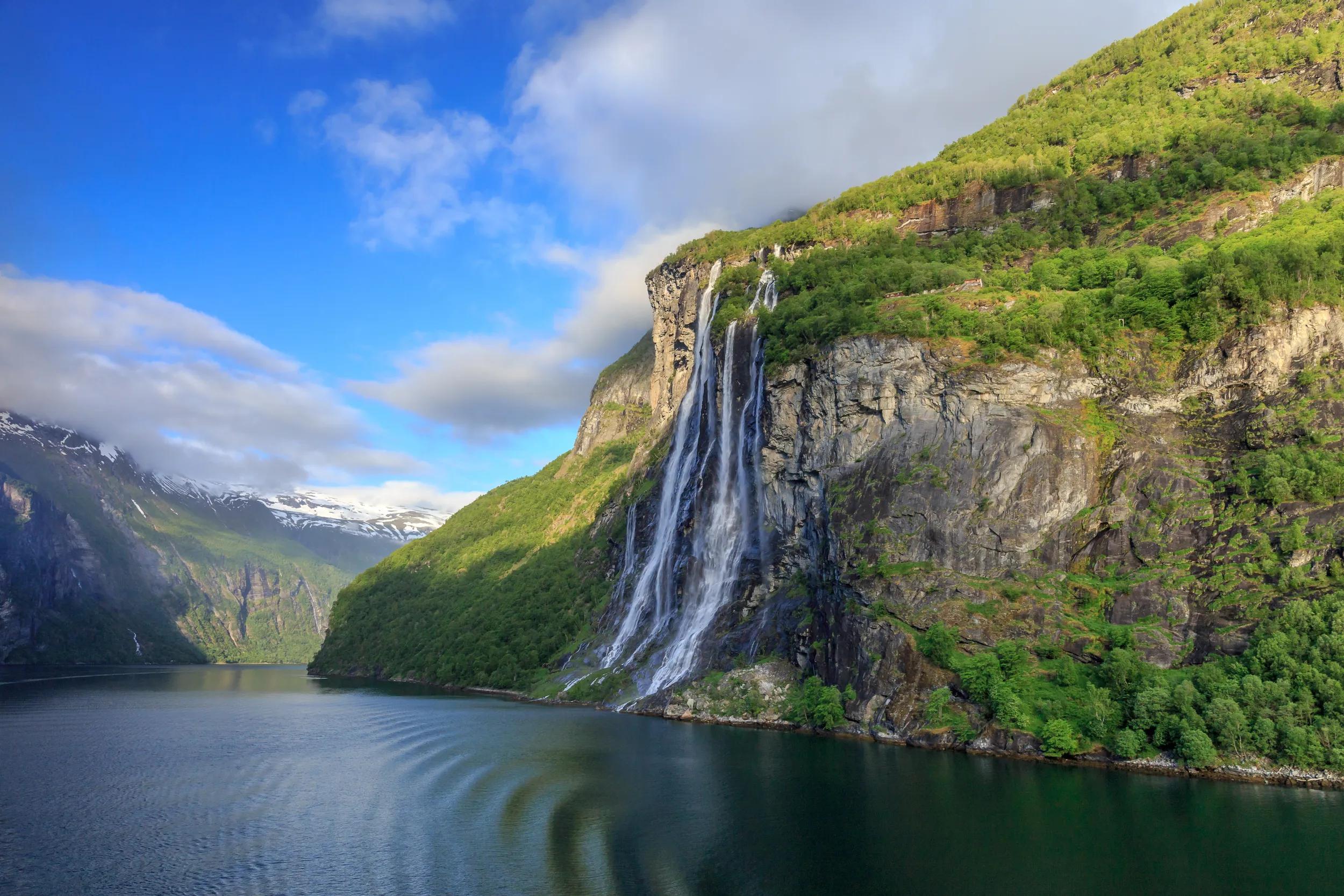 View on the Waterfalls of the seven sisters at Geiranger Fjord in the morning light