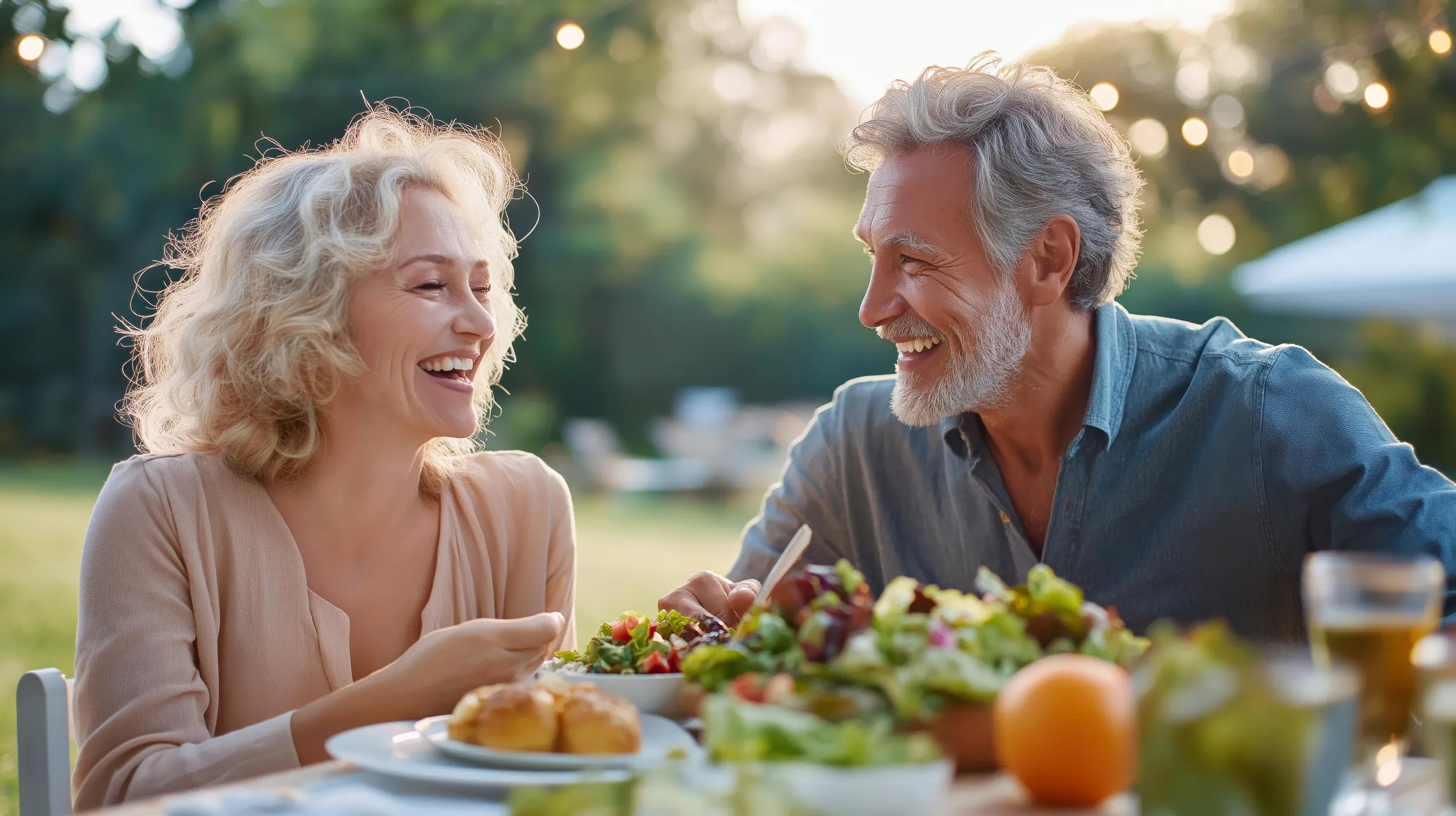 A middle-aged couple laughing and enjoying a healthy salad outdoors in a beautifully lit garden.