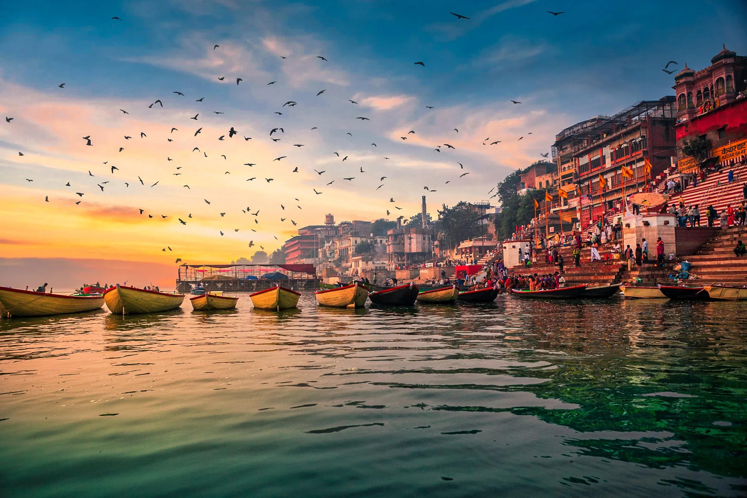 Sunset over Varanasi Ghat on the Ganges River.