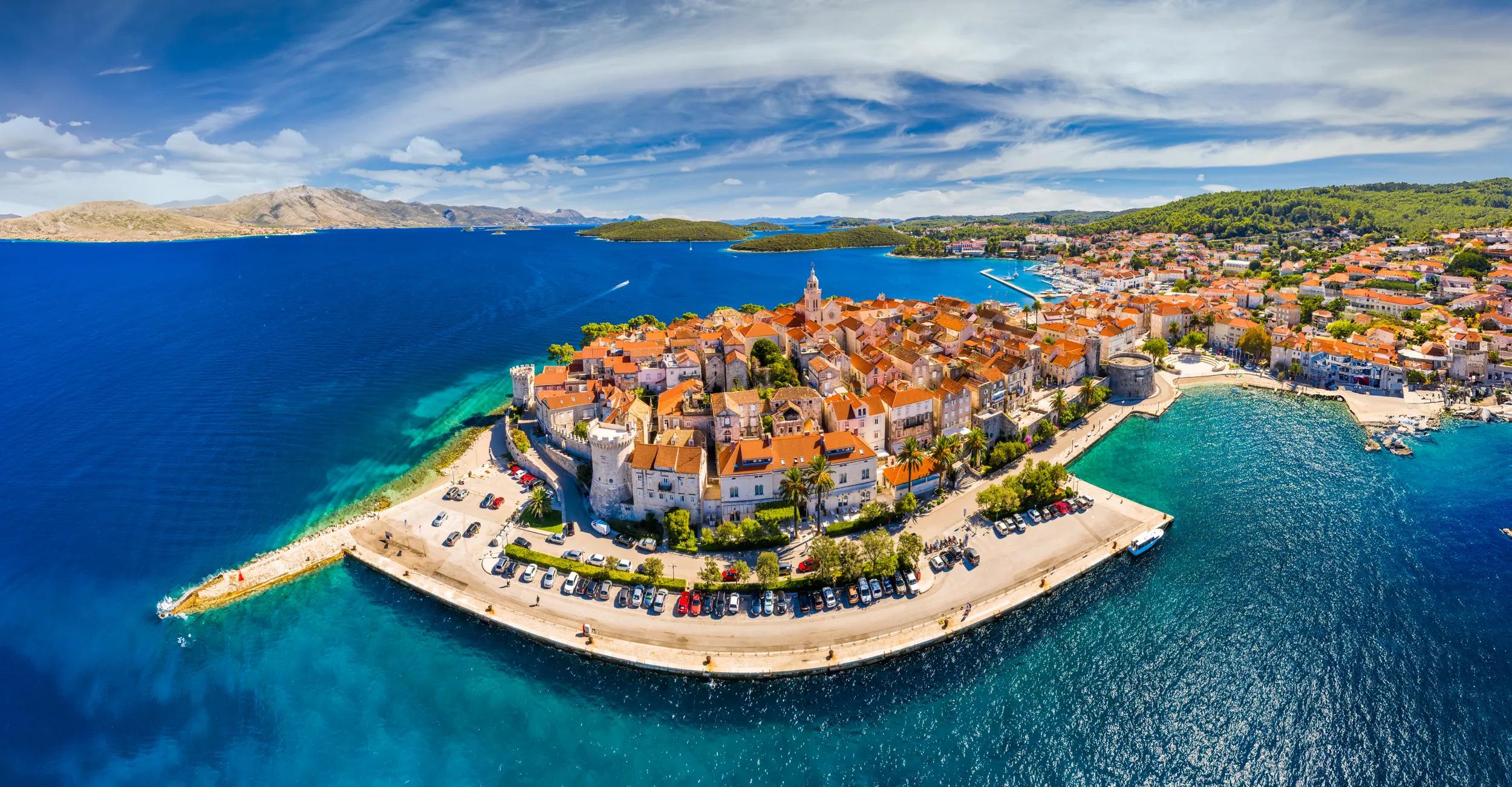 Aerial view of Korcula (Korčula) town on Korcula island, Croatia
