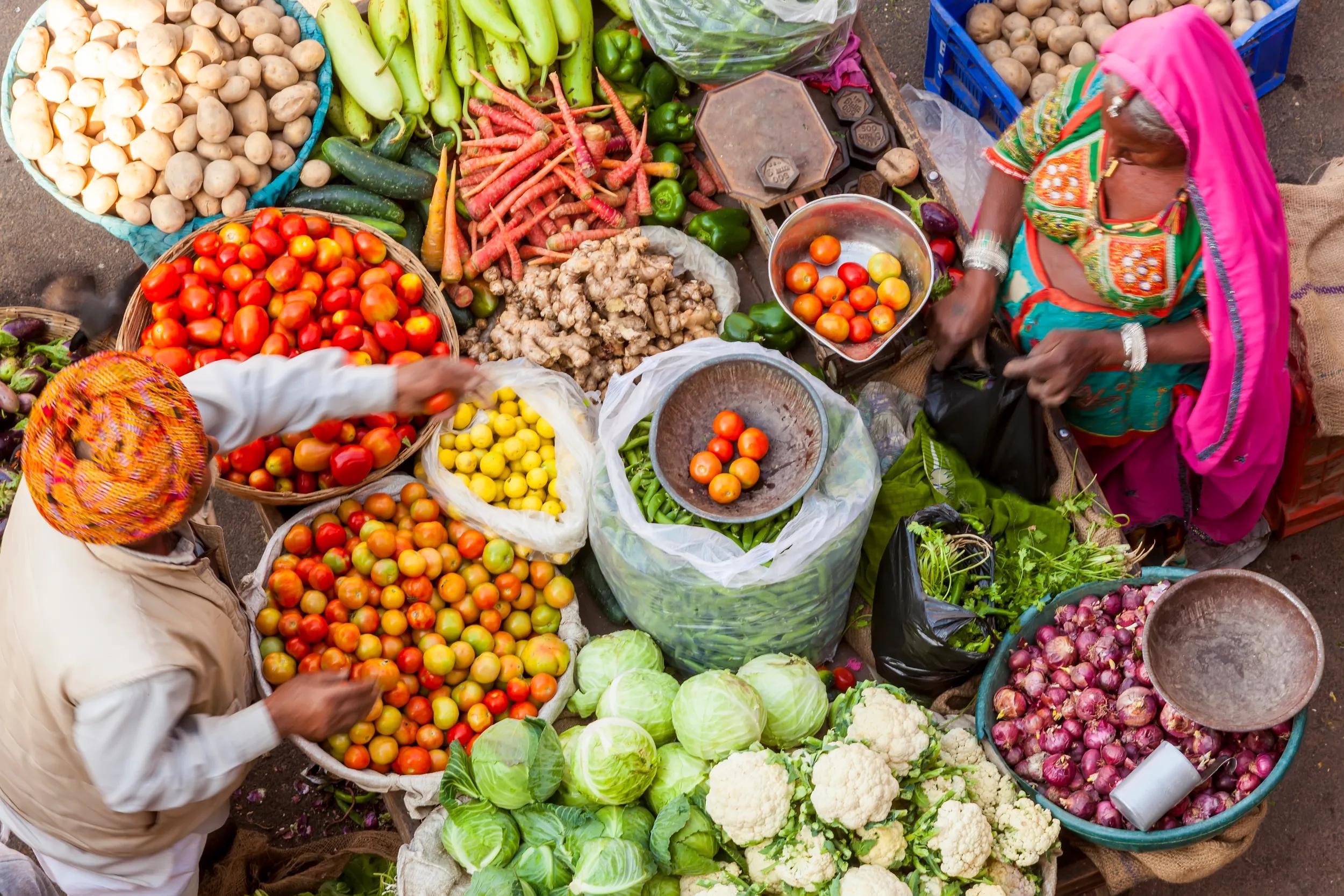 Vegetable stall India aerial view.