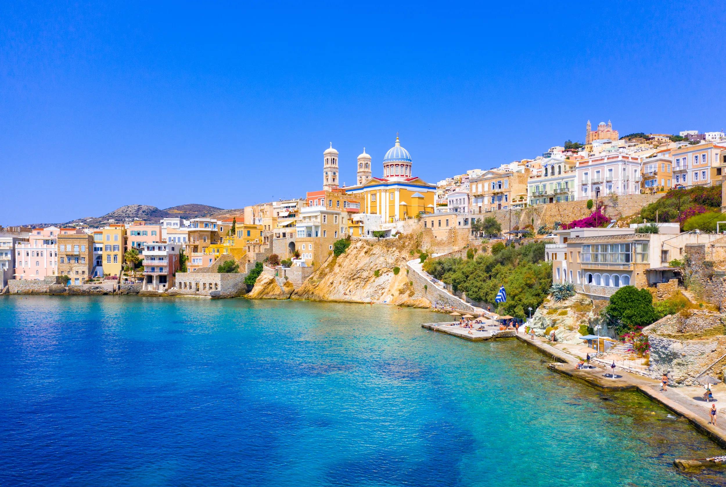 Panoramic view of Ermoupoli and Ano Syra towns in Syros island, Cyclades islands, Greece, Europe.