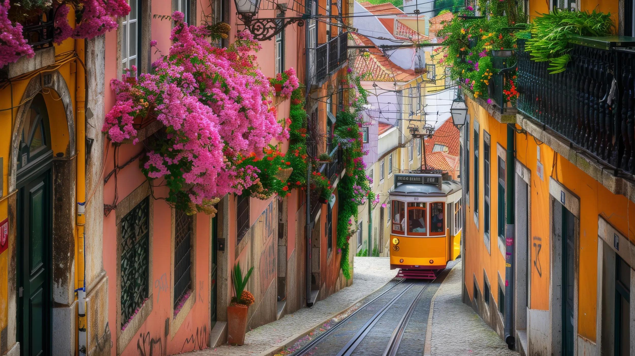 Elevador da Bica, Lisbon's iconic funicular, seen here in the neighborhood of Chiado, with it's colorful houses and flowers on  balconies. Lisbon, Portugal.