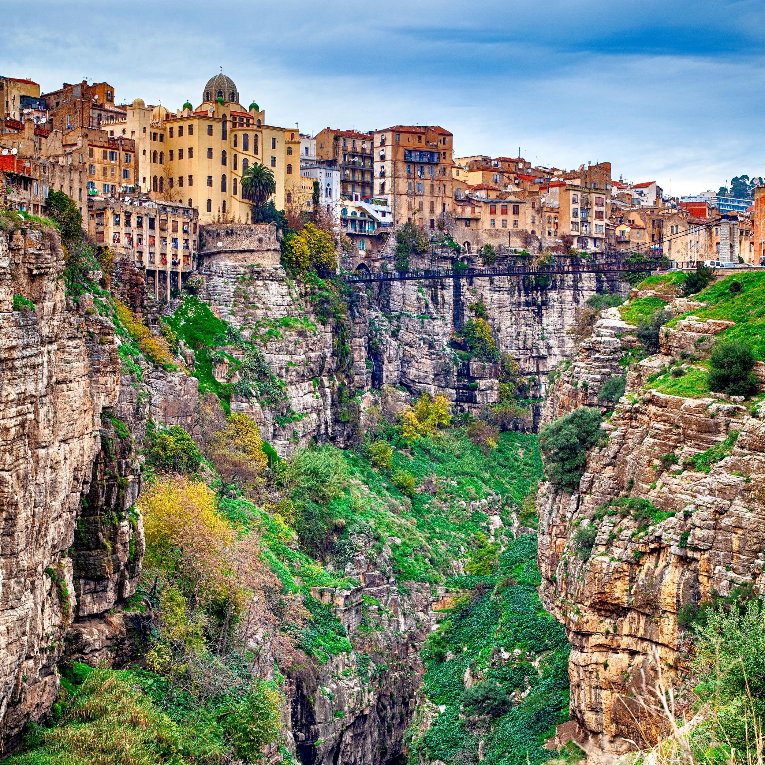 Algeria, Constantine, buildings on the edge of the canyon of the Rhumel River