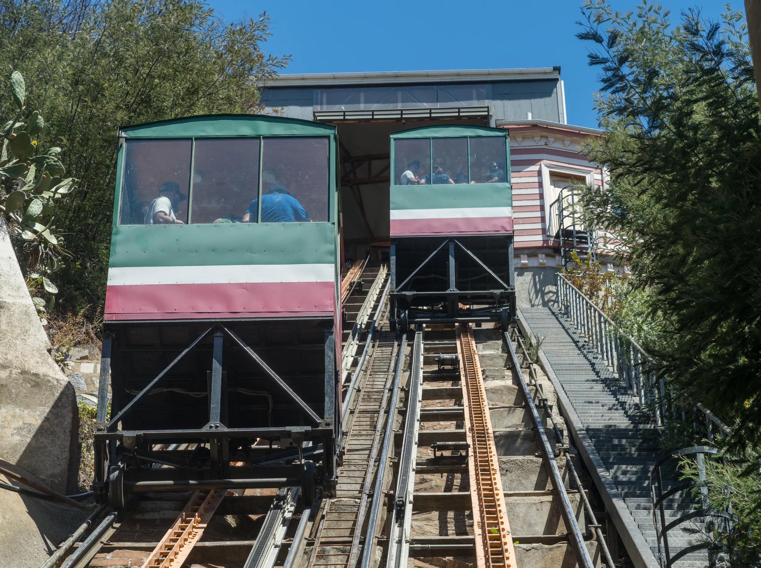 Valparaiso, Chile - 22 January 2023: Cars on the steep track of Funicular railway in Valparaiso Chile.