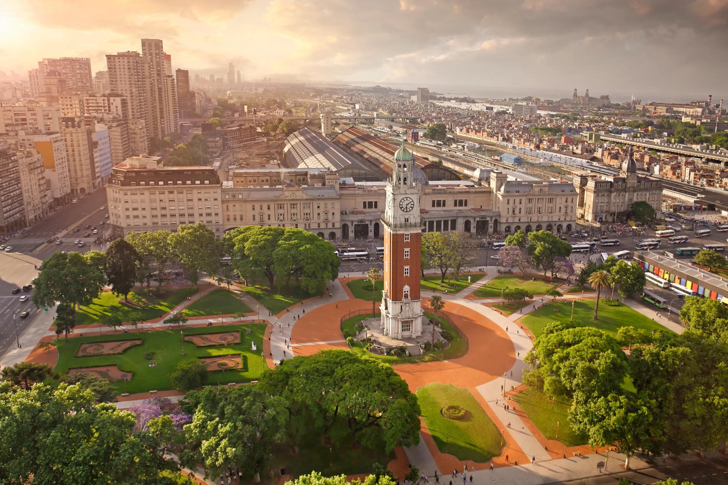 Torre Monumental at Plaza Air Force in Buenos Aires - stock photo
Aerial view of Torre Monumental ( English Clock Tower) in Plaza Fuerza Aérea Argentina and the Retiro Railway Station.