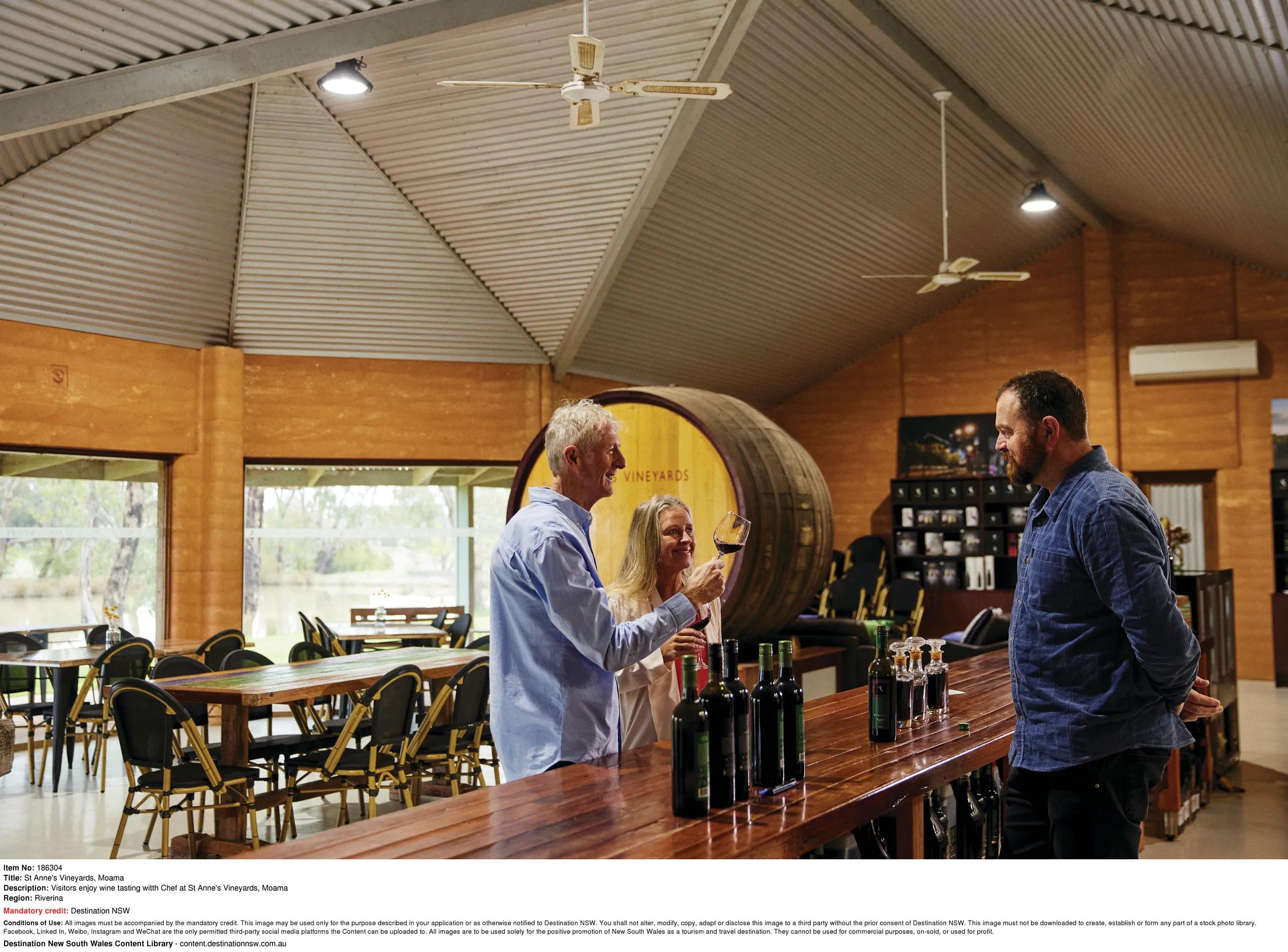 Visitors enjoy wine tasting witth Chef at St Anne's Vineyards, Moama